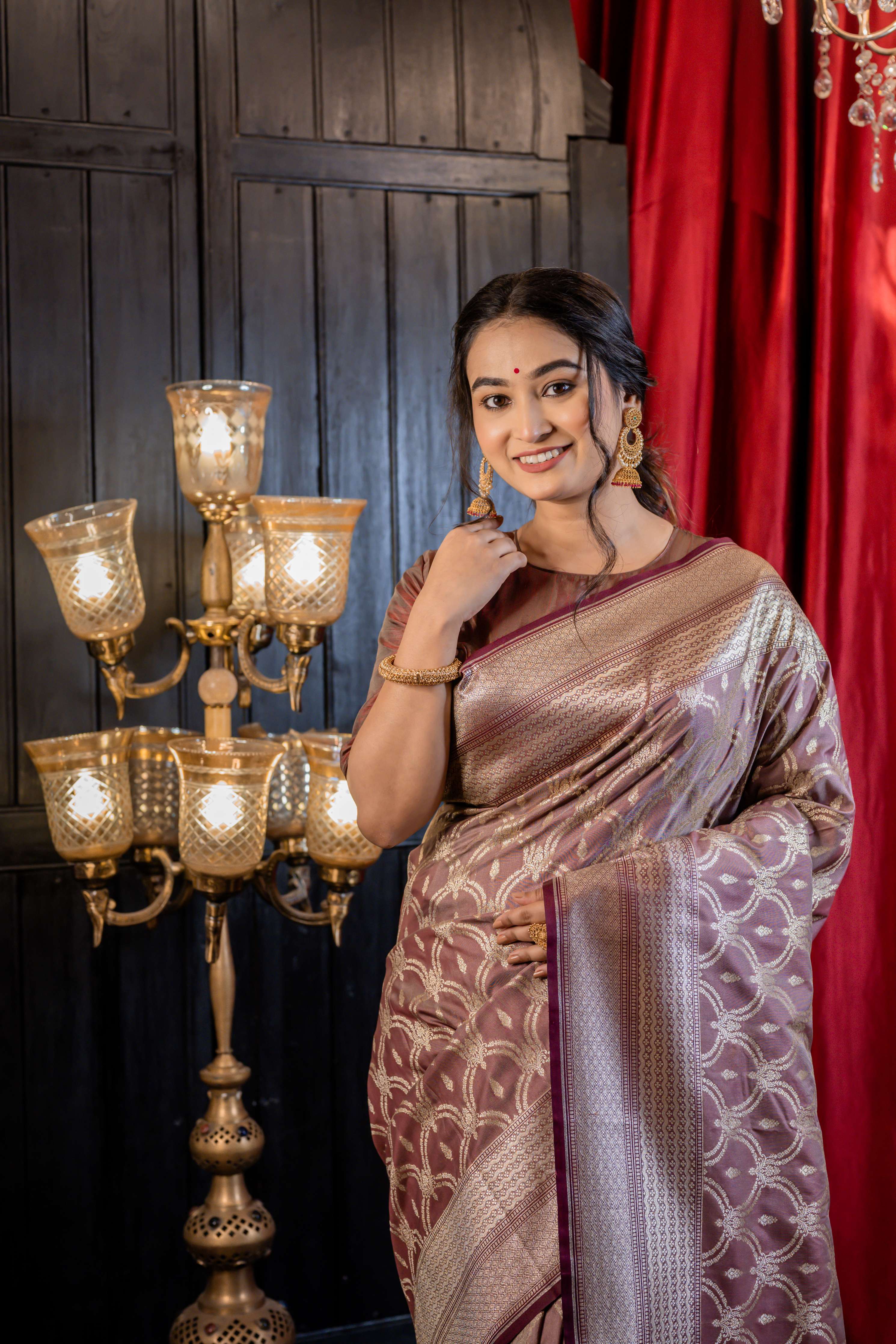 Anvita || Taupe Brown Soft Katan Banarasi Saree with all over Buta & Jaal in Matte Gold Zari and Brocade border