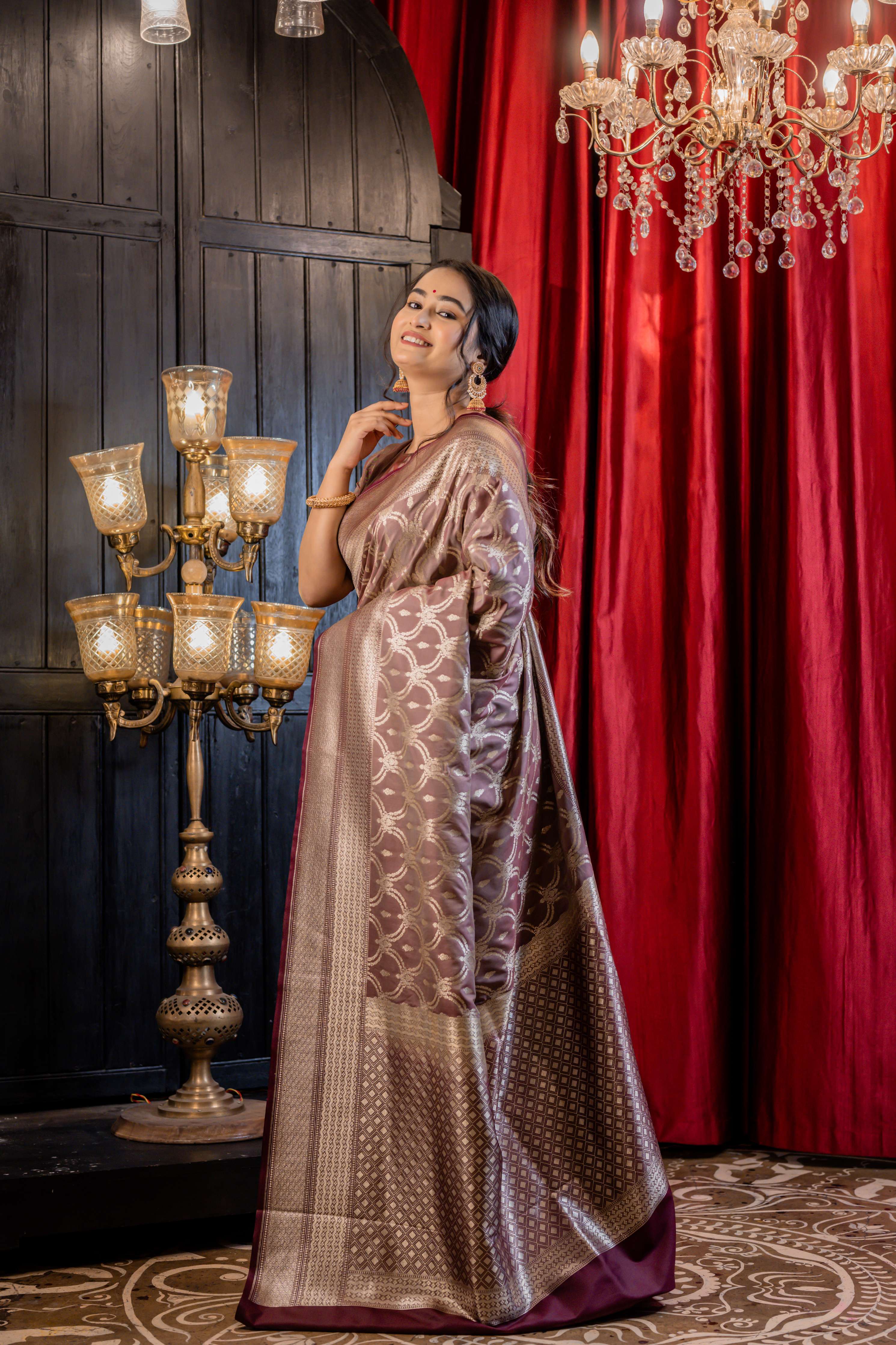 Anvita || Taupe Brown Soft Katan Banarasi Saree with all over Buta & Jaal in Matte Gold Zari and Brocade border