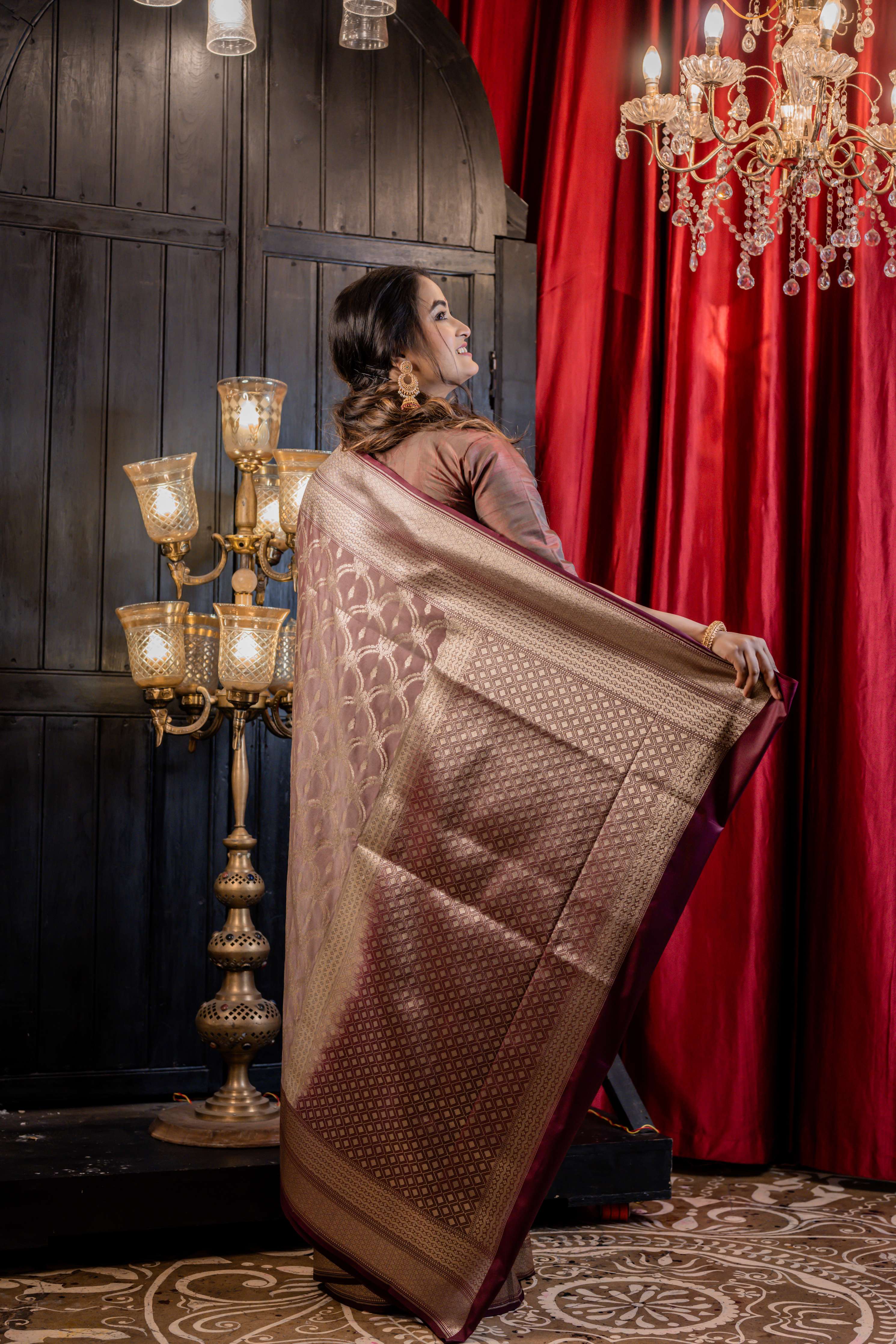 Anvita || Taupe Brown Soft Katan Banarasi Saree with all over Buta & Jaal in Matte Gold Zari and Brocade border