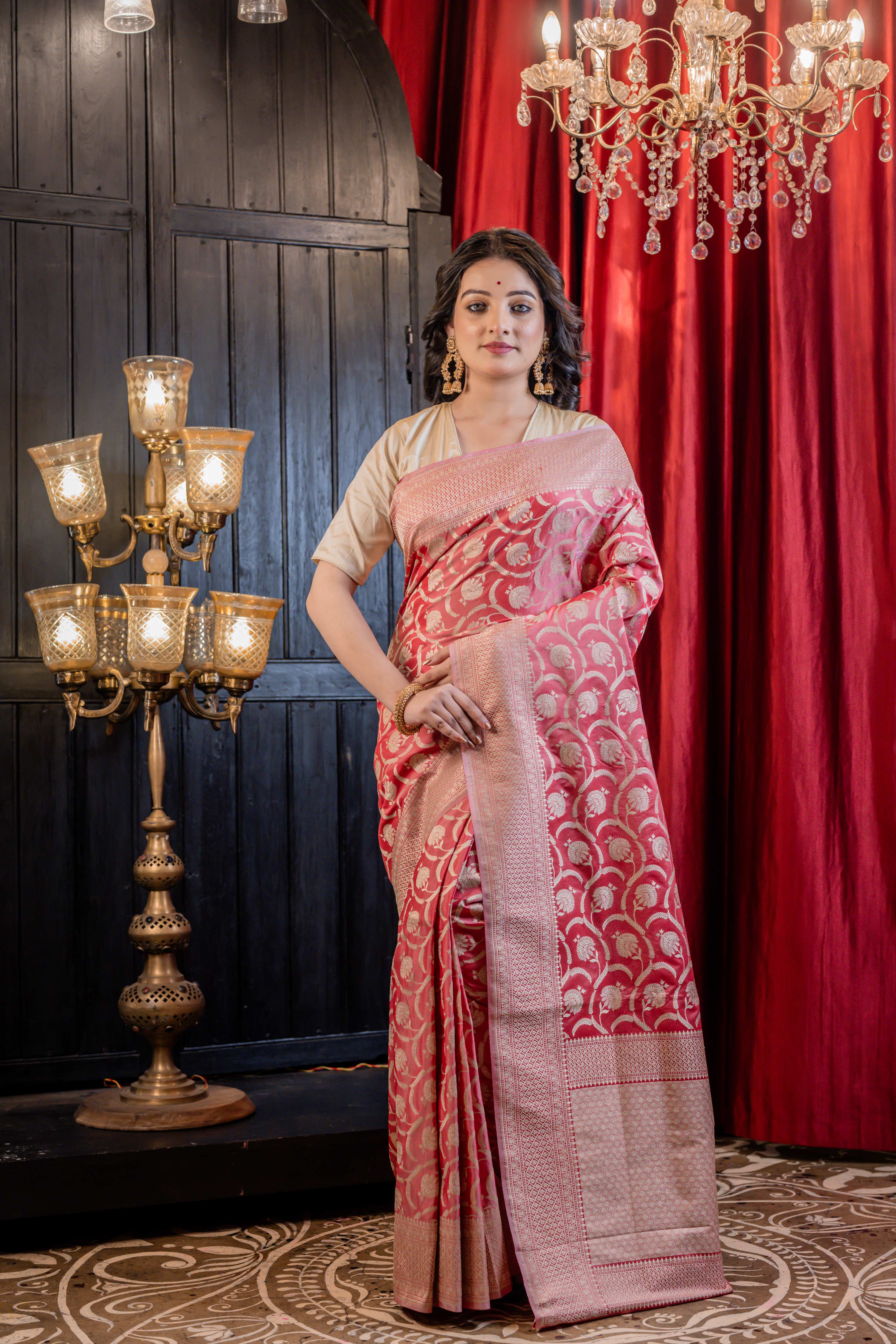 Mugdha || Coral Pink Matka Silk Banarasi Saree with all over woven Matte Gold Zari Floral Jaal