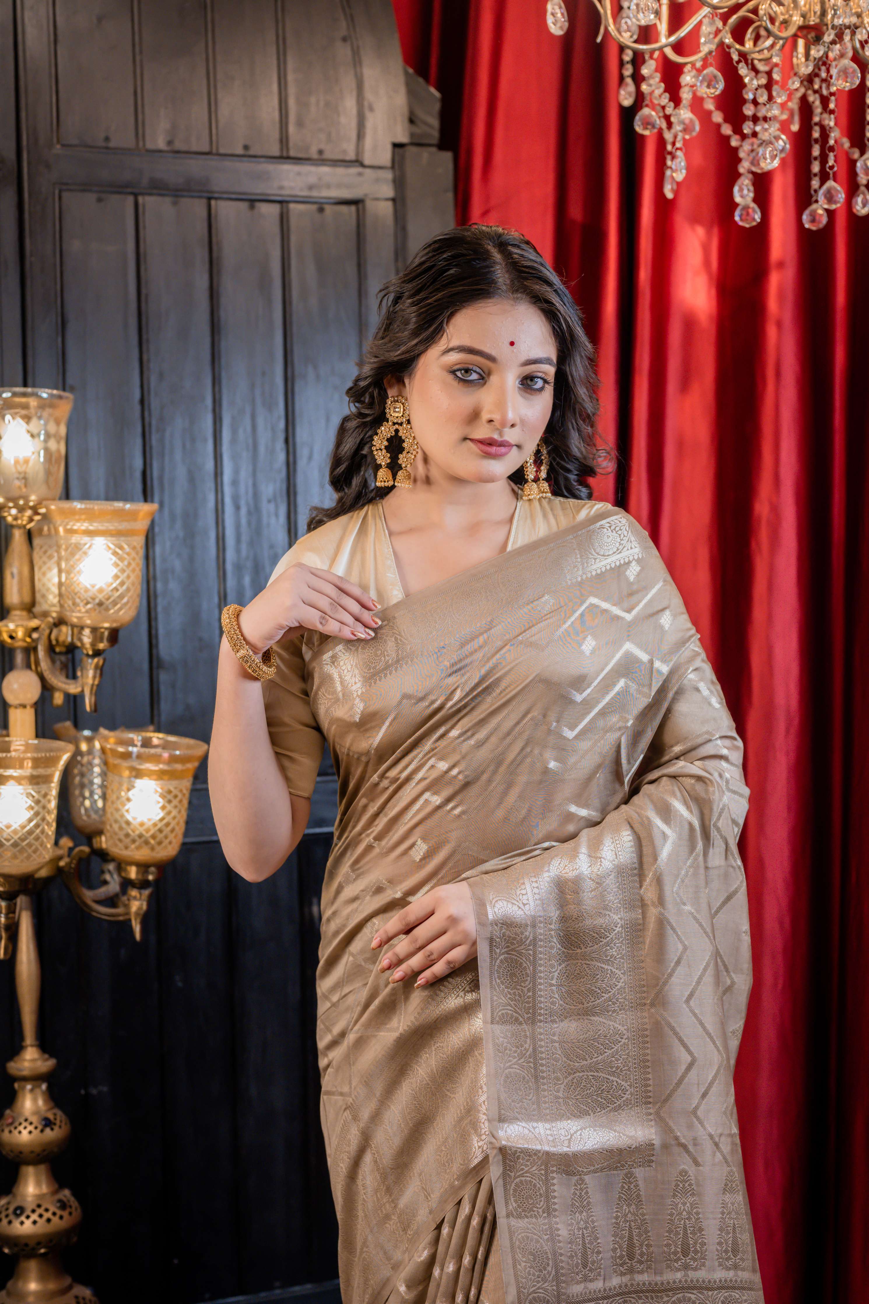 Urmika || Medium Taupe Brown Chinia Silk Banarasi Saree with all over Buta & Stripe Pallu woven in Silver Zari