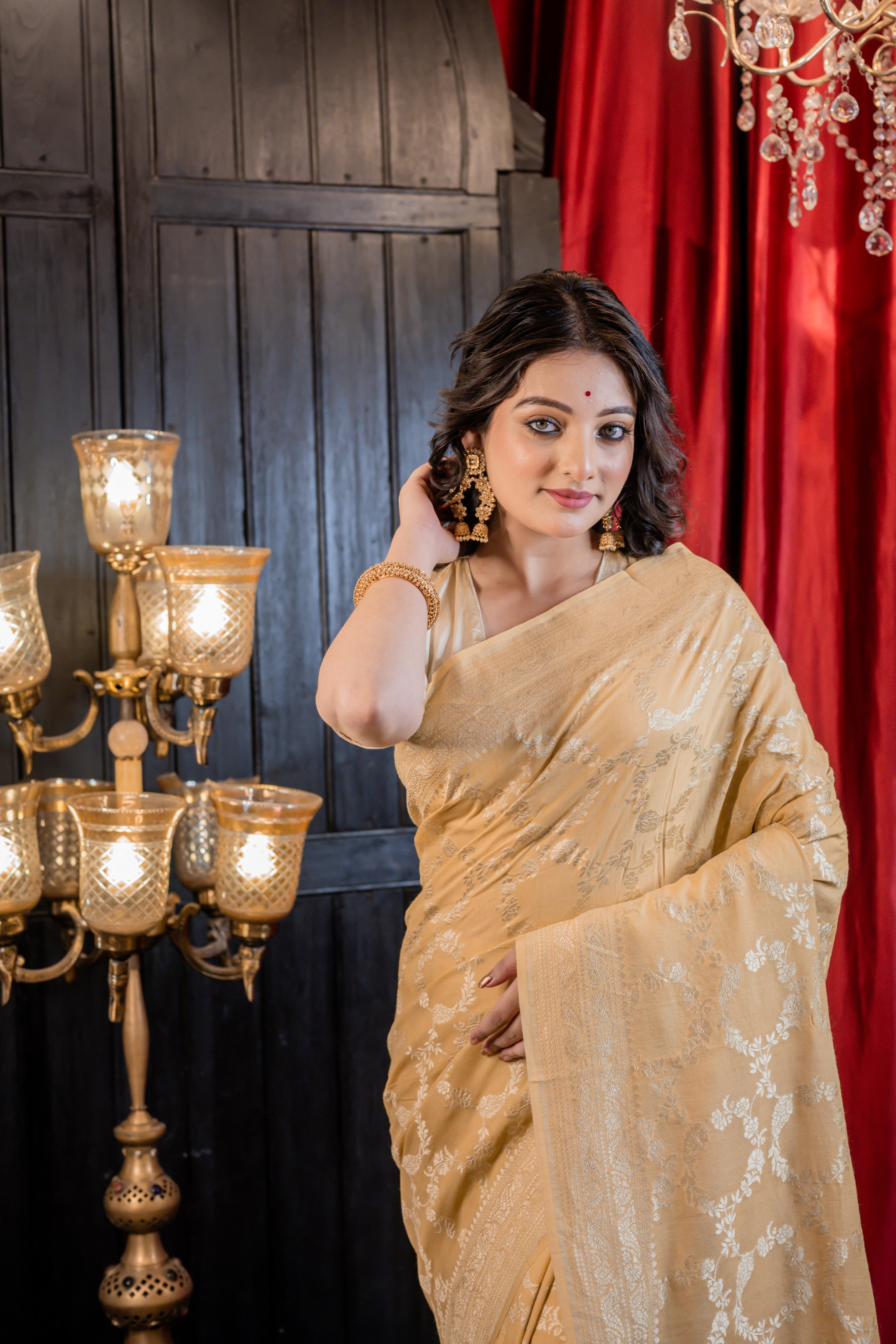 Rohana || Light Beige Khaddi Munga Banarasi Saree with all over Jangla in Matte Gold Zari