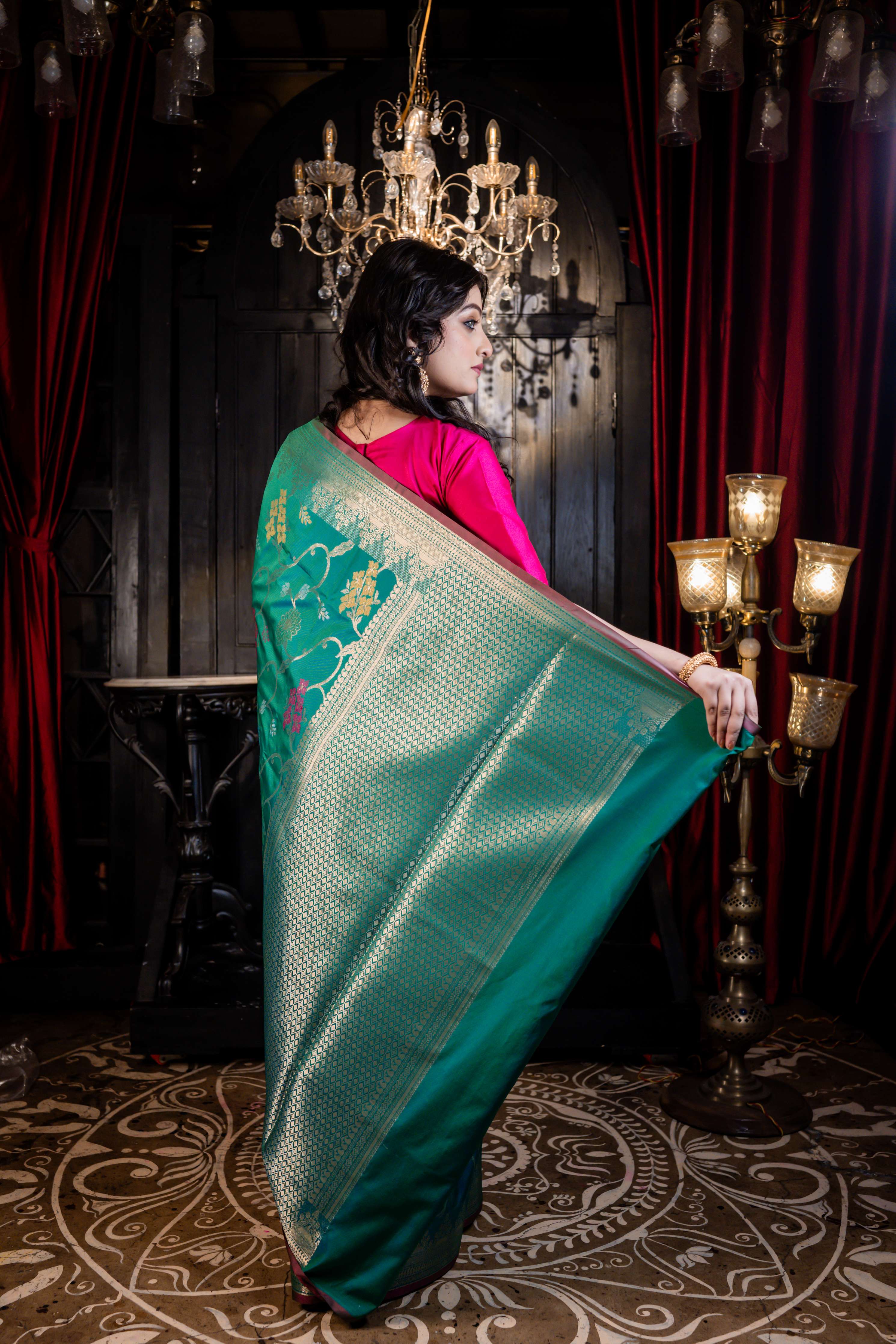 Kalapini || Green & Peacock Blue dual-tone Soft Silk Banarasi Saree with all over multi-colour Resham Floral motif and Jaal in Golden Zari