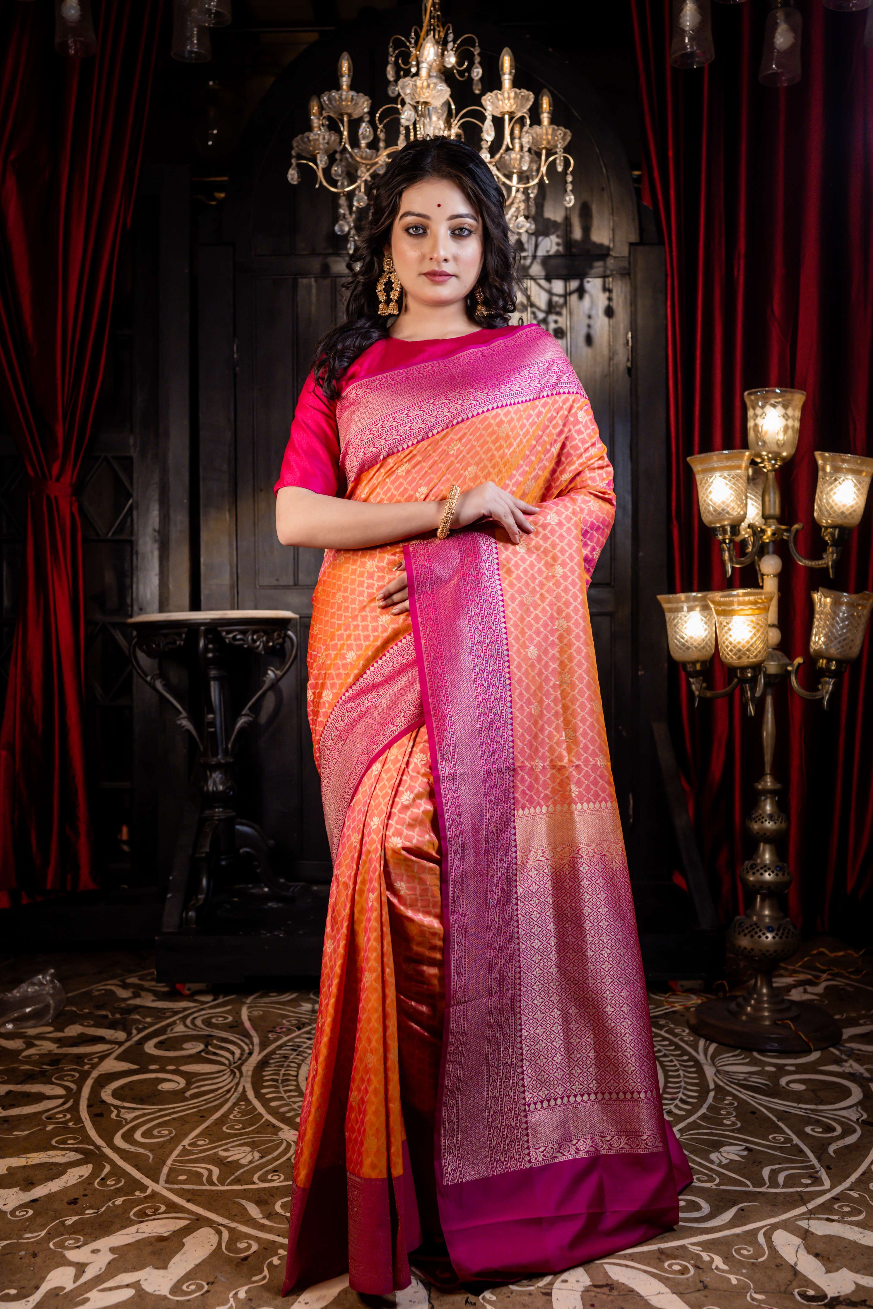 Ahana || Orange Matka Silk Banarasi Saree with Magenta Pink Border and all over Jaal woven in Gold Zari