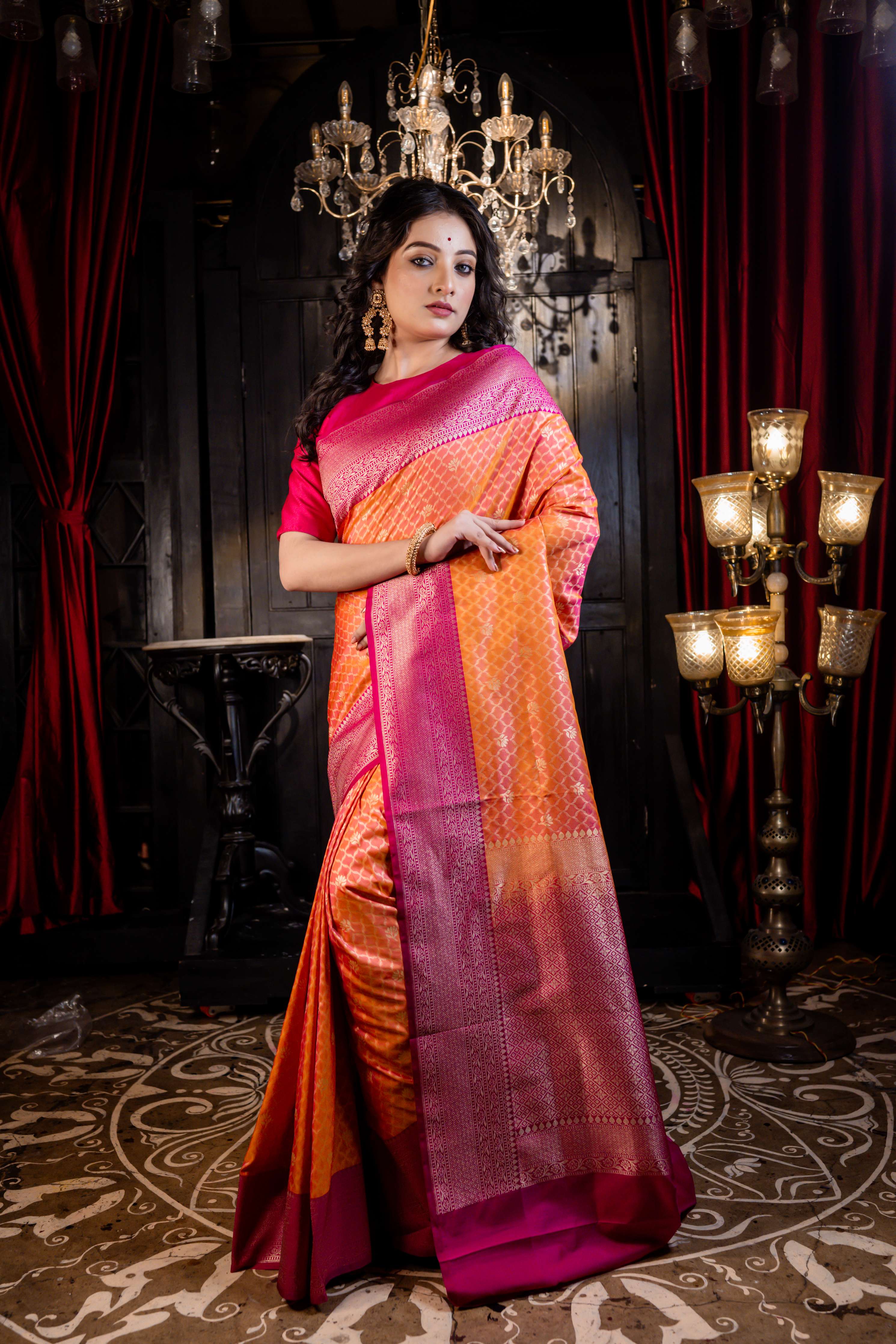 Ahana || Orange Matka Silk Banarasi Saree with Magenta Pink Border and all over Jaal woven in Gold Zari