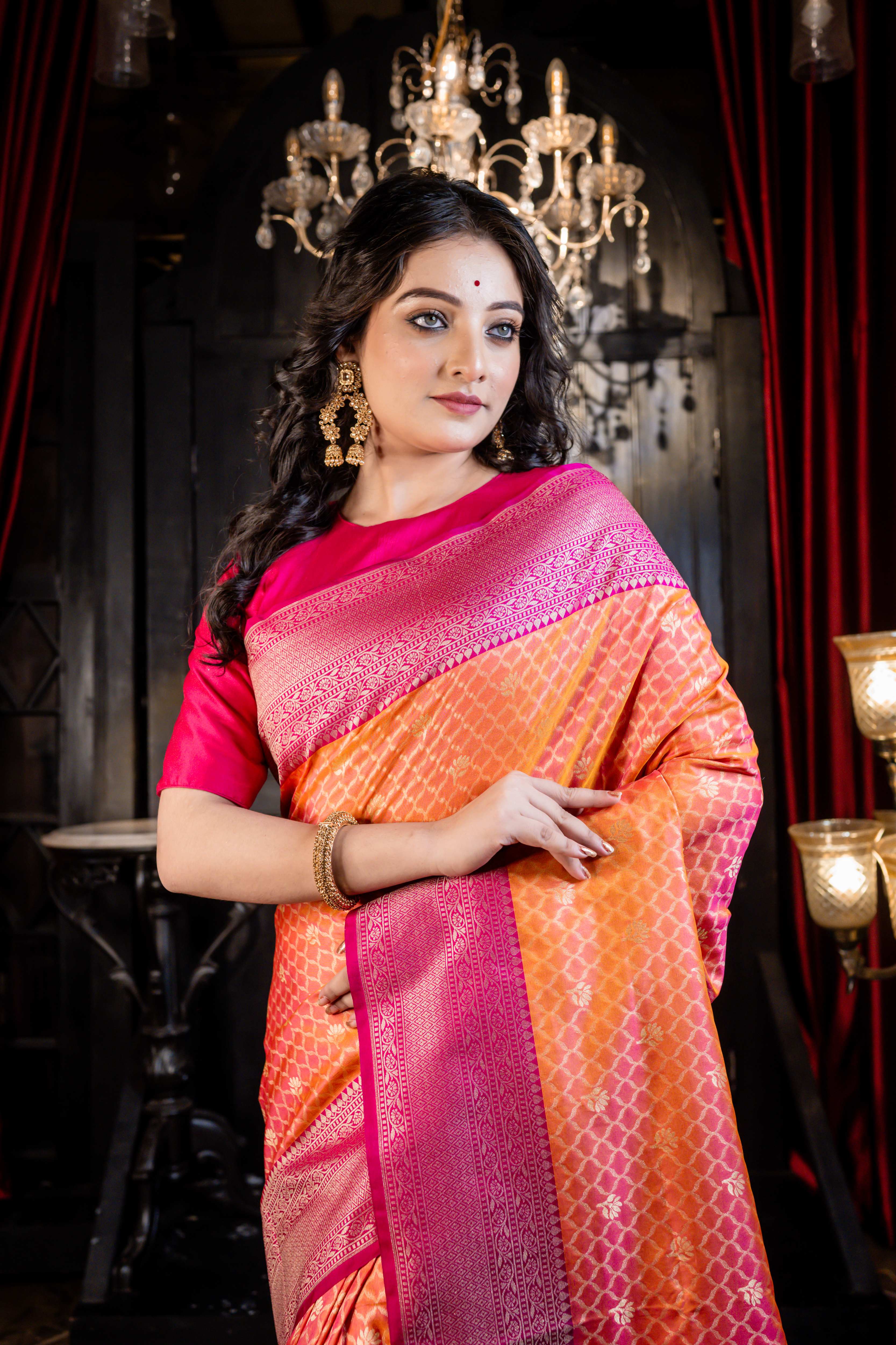 Ahana || Orange Matka Silk Banarasi Saree with Magenta Pink Border and all over Jaal woven in Gold Zari