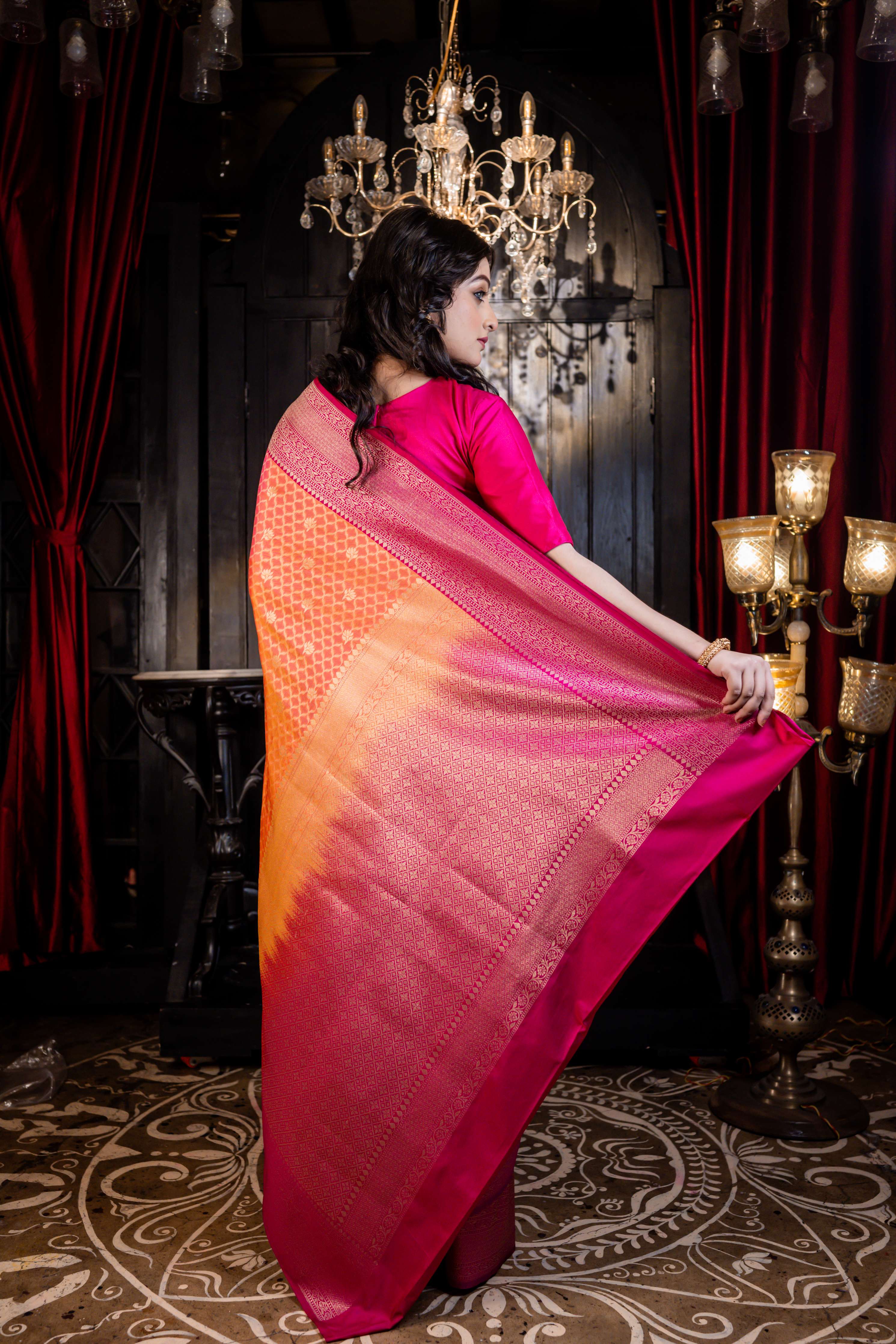 Ahana || Orange Matka Silk Banarasi Saree with Magenta Pink Border and all over Jaal woven in Gold Zari