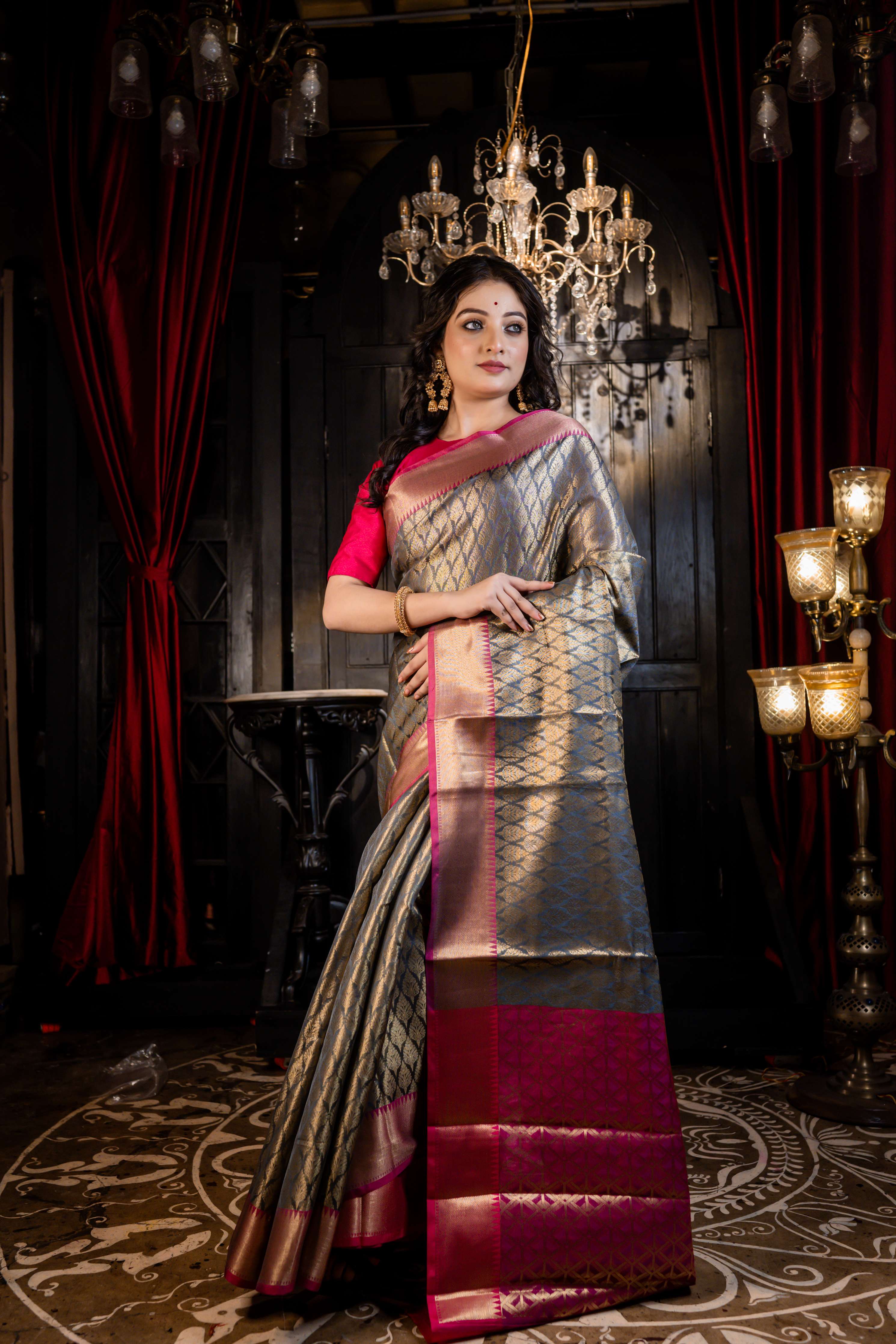 Avartan || Grey Soft Silk Banarasi Saree with all over Buta in Golden Zari and dull Magenta border