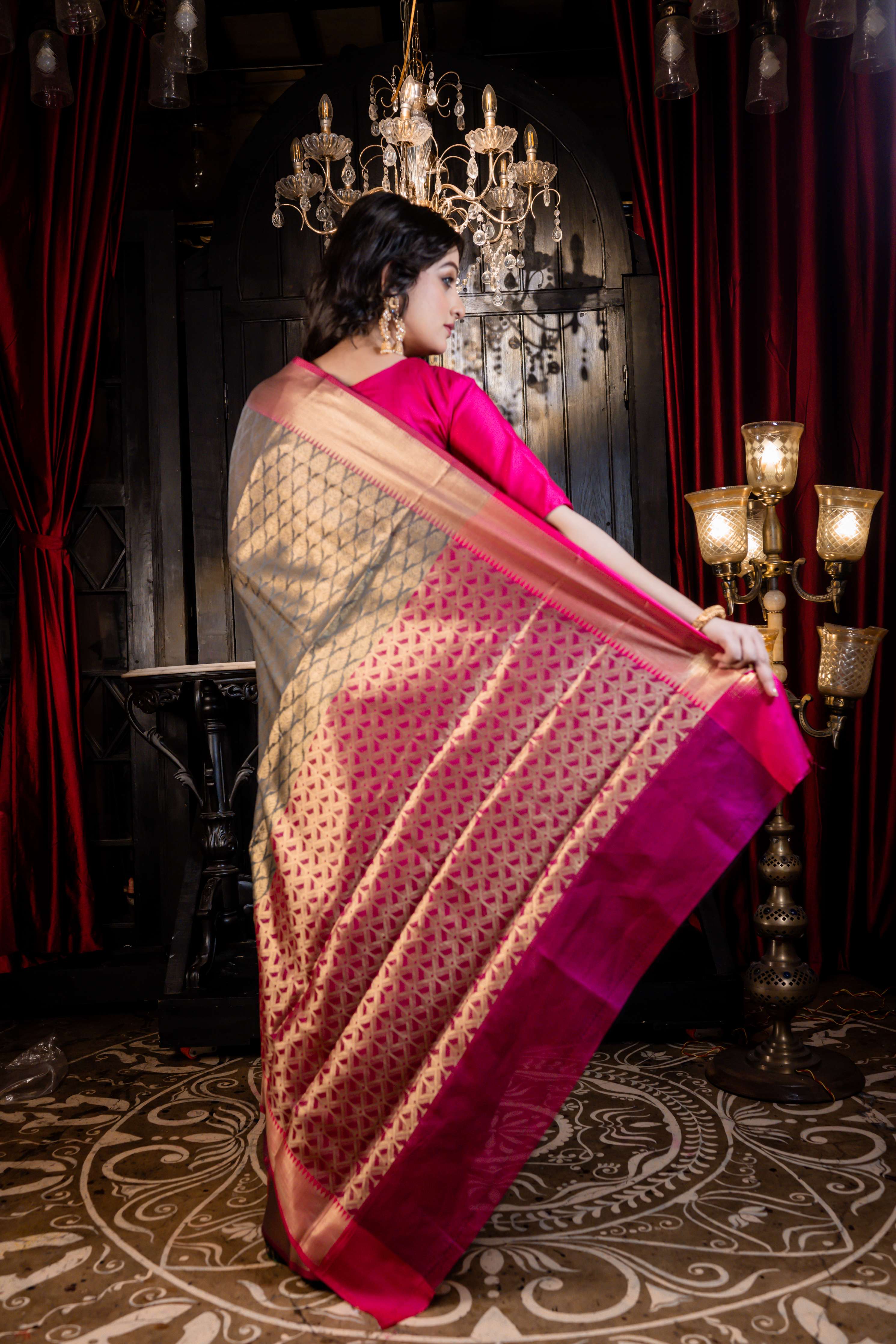 Avartan || Grey Soft Silk Banarasi Saree with all over Buta in Golden Zari and dull Magenta border