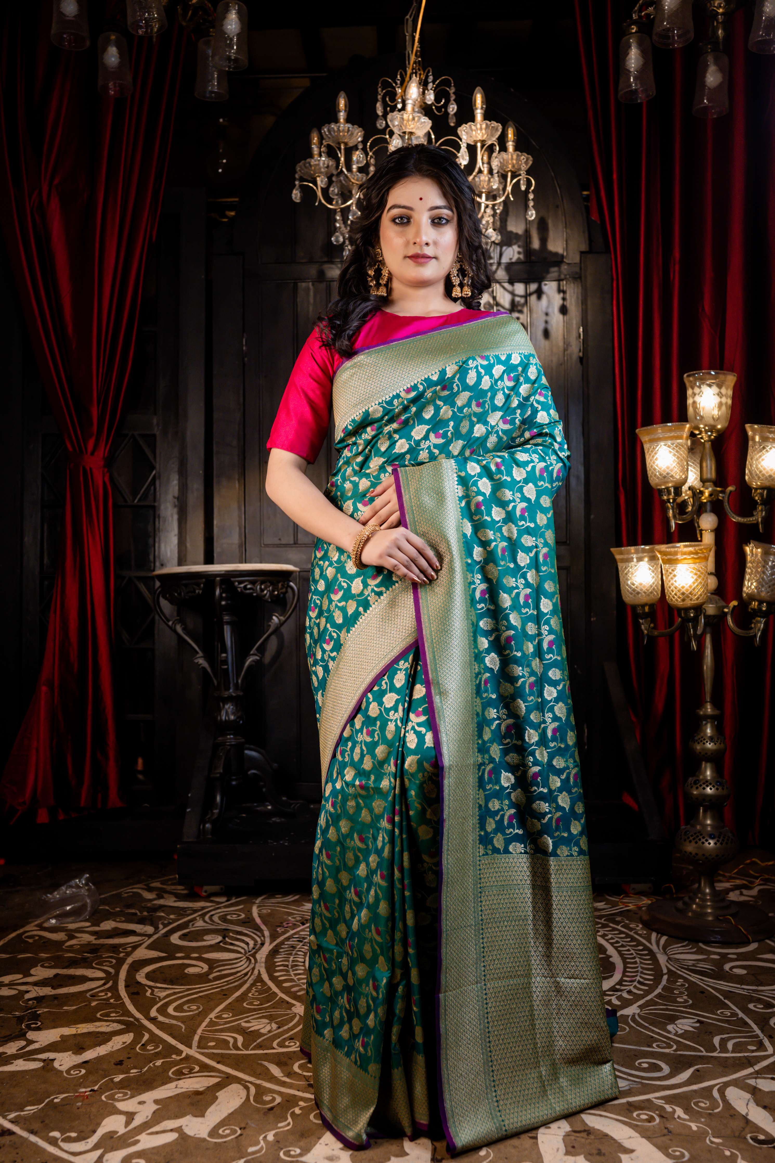 Harita || Bottle Green Matka Silk Banarasi Saree with all over Golden Zari Leaf Jaal and Magenta Meenakari Buti