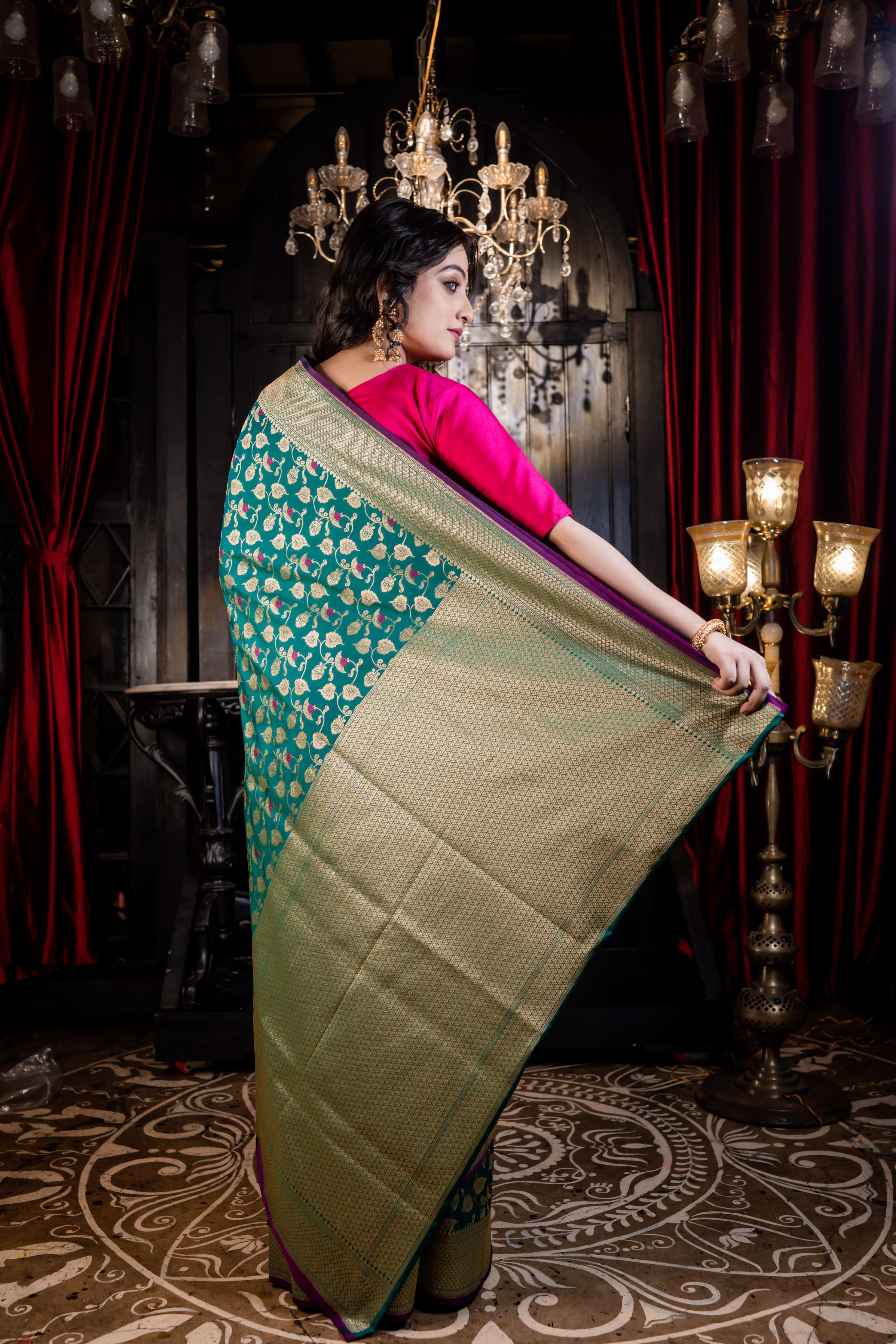 Harita || Bottle Green Matka Silk Banarasi Saree with all over Golden Zari Leaf Jaal and Magenta Meenakari Buti
