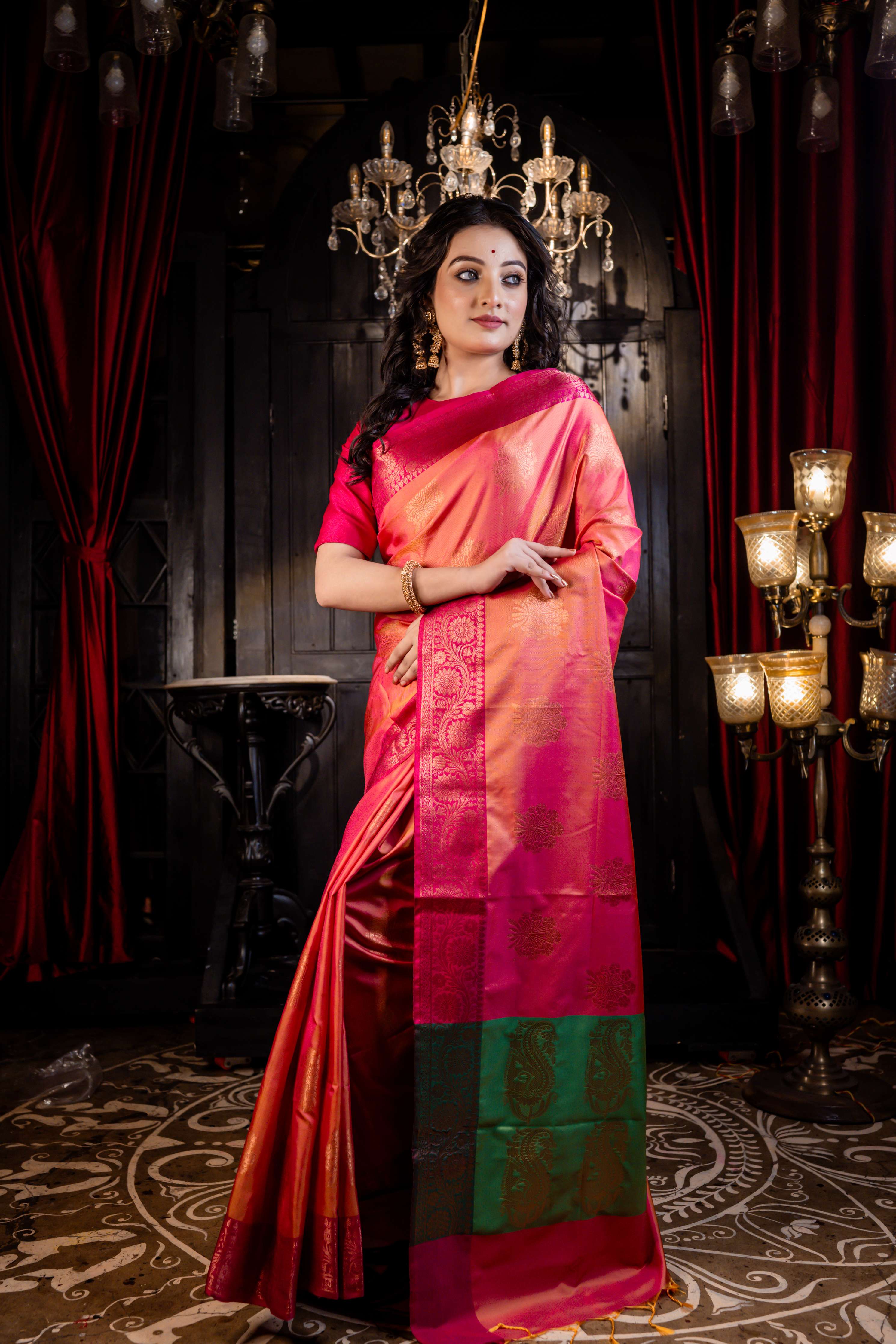Gulika || Orange & Mustard Yellow dual-tone Soft Silk Banarasi Saree with all over Buta in Copper Zari and Magenta Pink Floral motif Zari border
