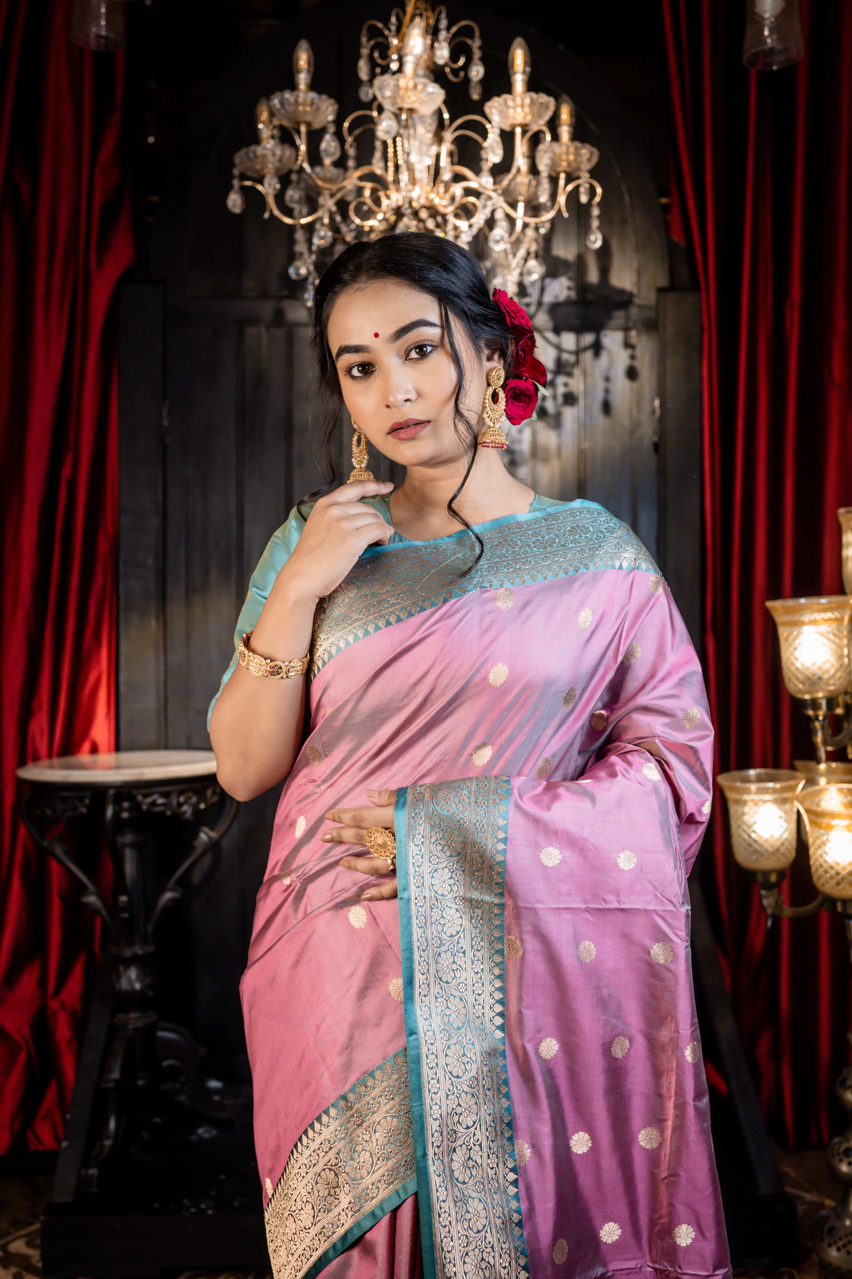 Saanvi || Dark Pastel Pink & Teal Green dual tone Pure Katan Handloom Banarasi Saree with all over Antique Gold Zari Kadhua Buta and Border