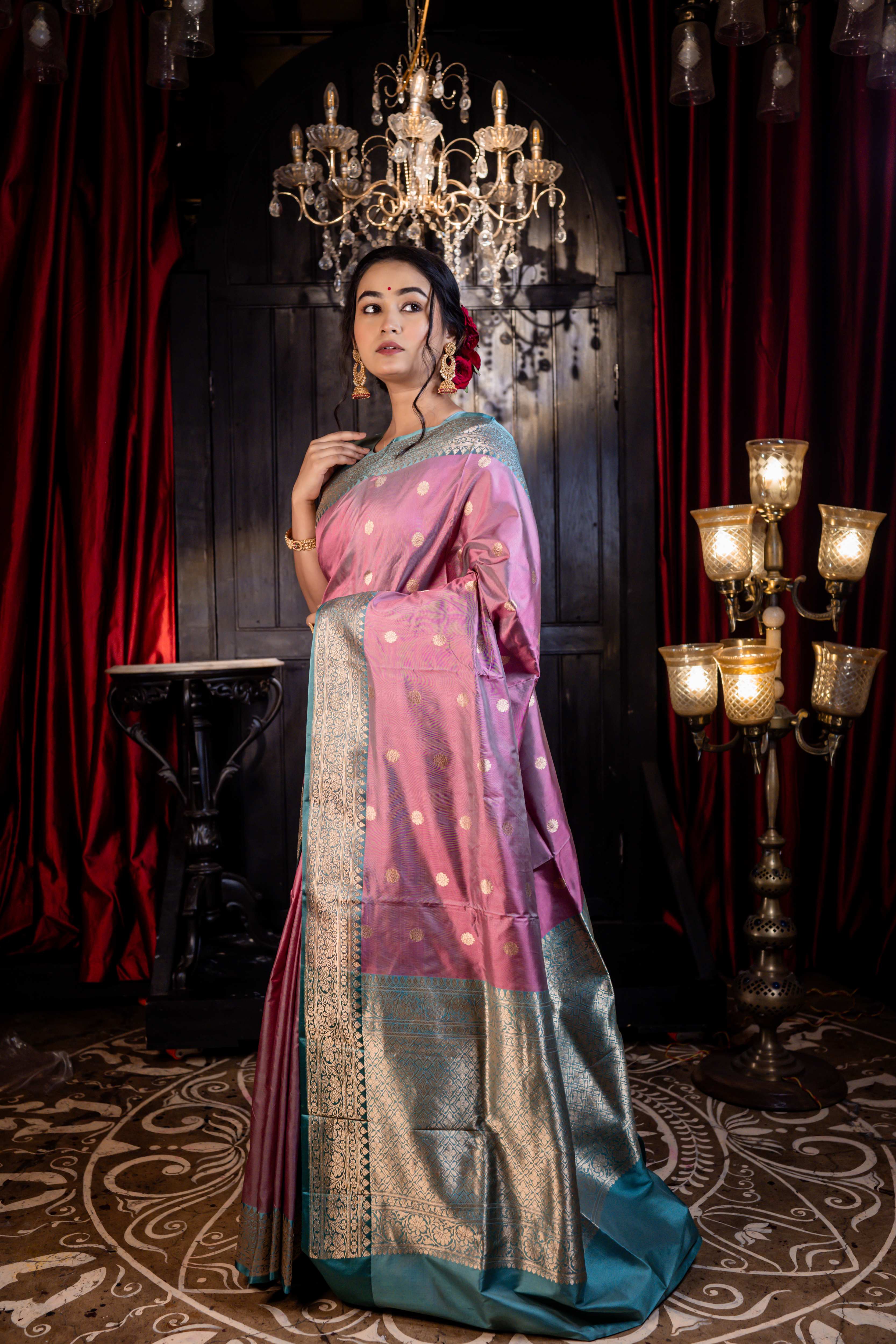 Saanvi || Dark Pastel Pink & Teal Green dual tone Pure Katan Handloom Banarasi Saree with all over Antique Gold Zari Kadhua Buta and Border