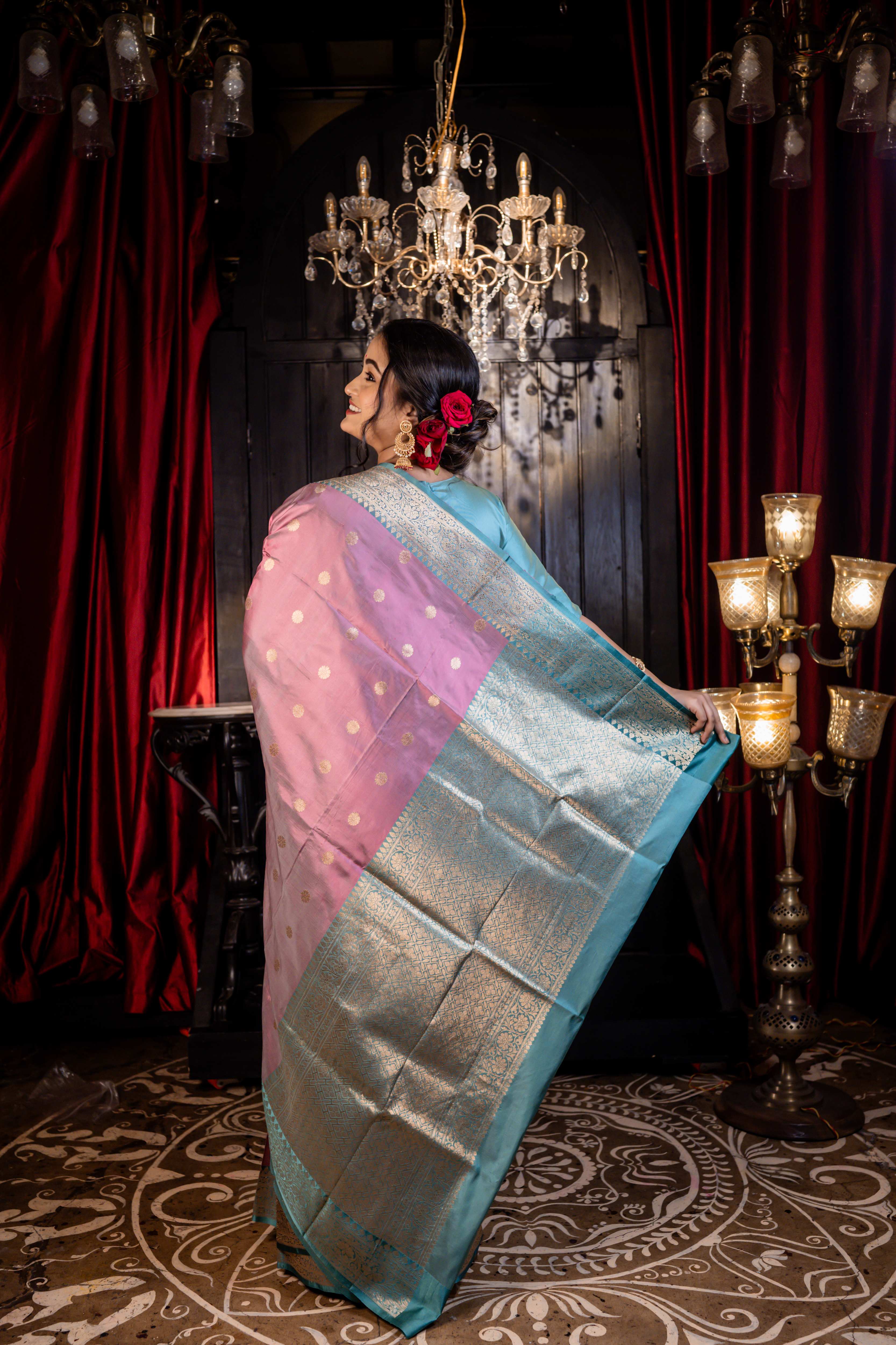 Saanvi || Dark Pastel Pink & Teal Green dual tone Pure Katan Handloom Banarasi Saree with all over Antique Gold Zari Kadhua Buta and Border