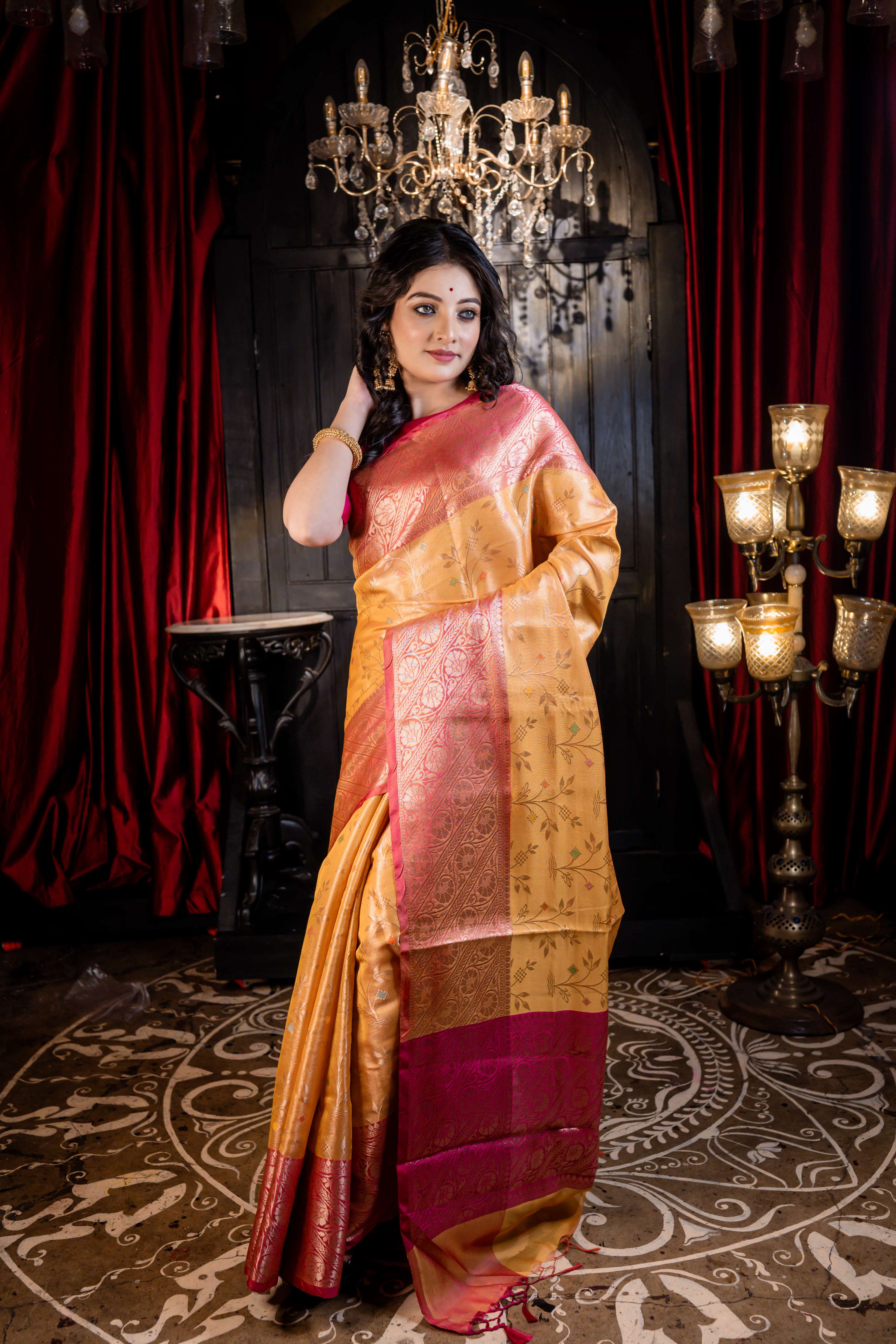 Parnika || Mango Yellow & Gold dual-tone Soft Silk Banarasi Saree with all over tree motif in multi-colour Resham & Golden Zari with Coral Pink Mahapadh Border