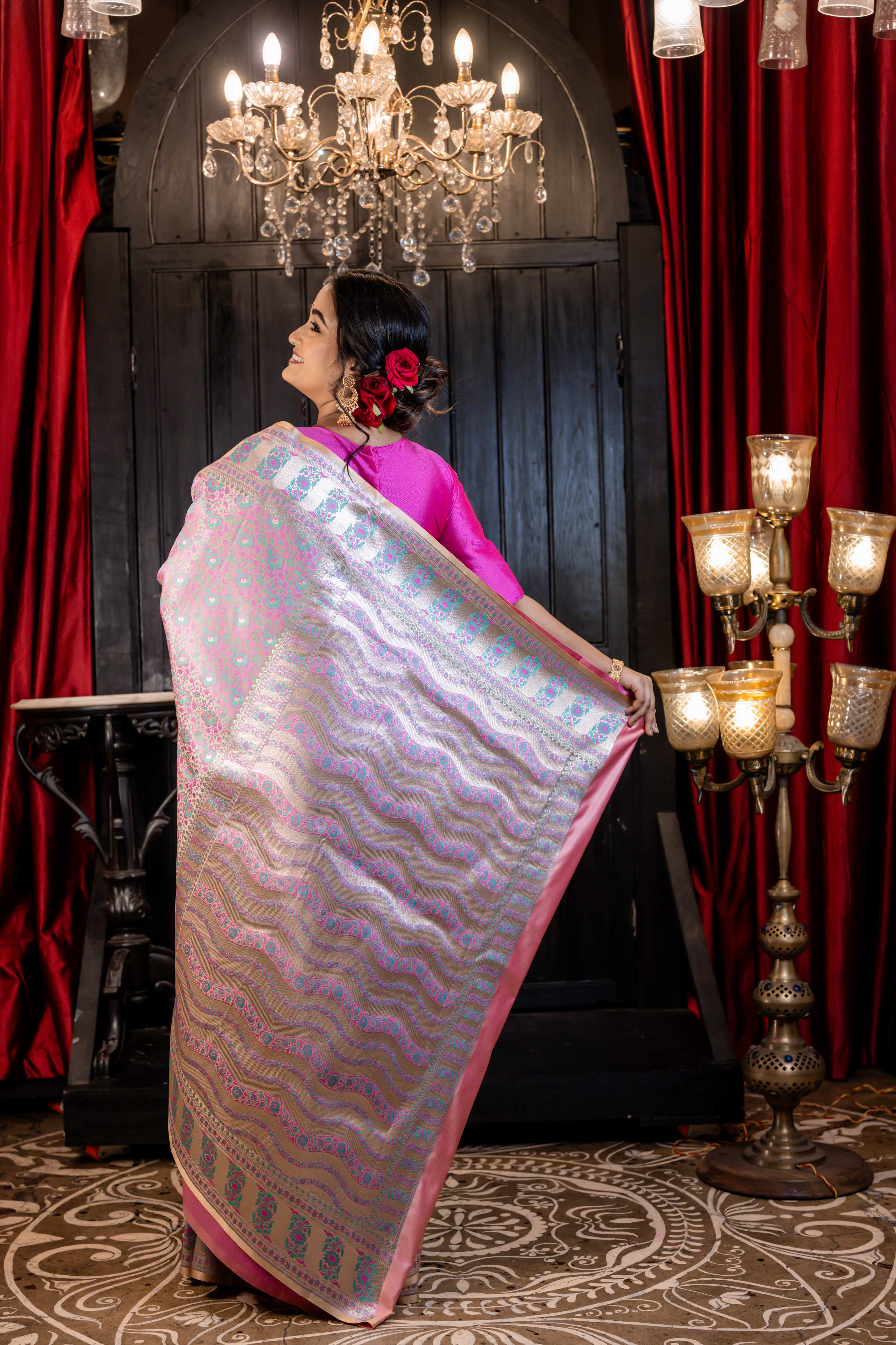 Bhavya || Mauve & Teal Green traditional Banarasi Jamawar Saree on Champagne Gold Katan with all over Matte Gold Zari highlights Buta, Border & Pallu