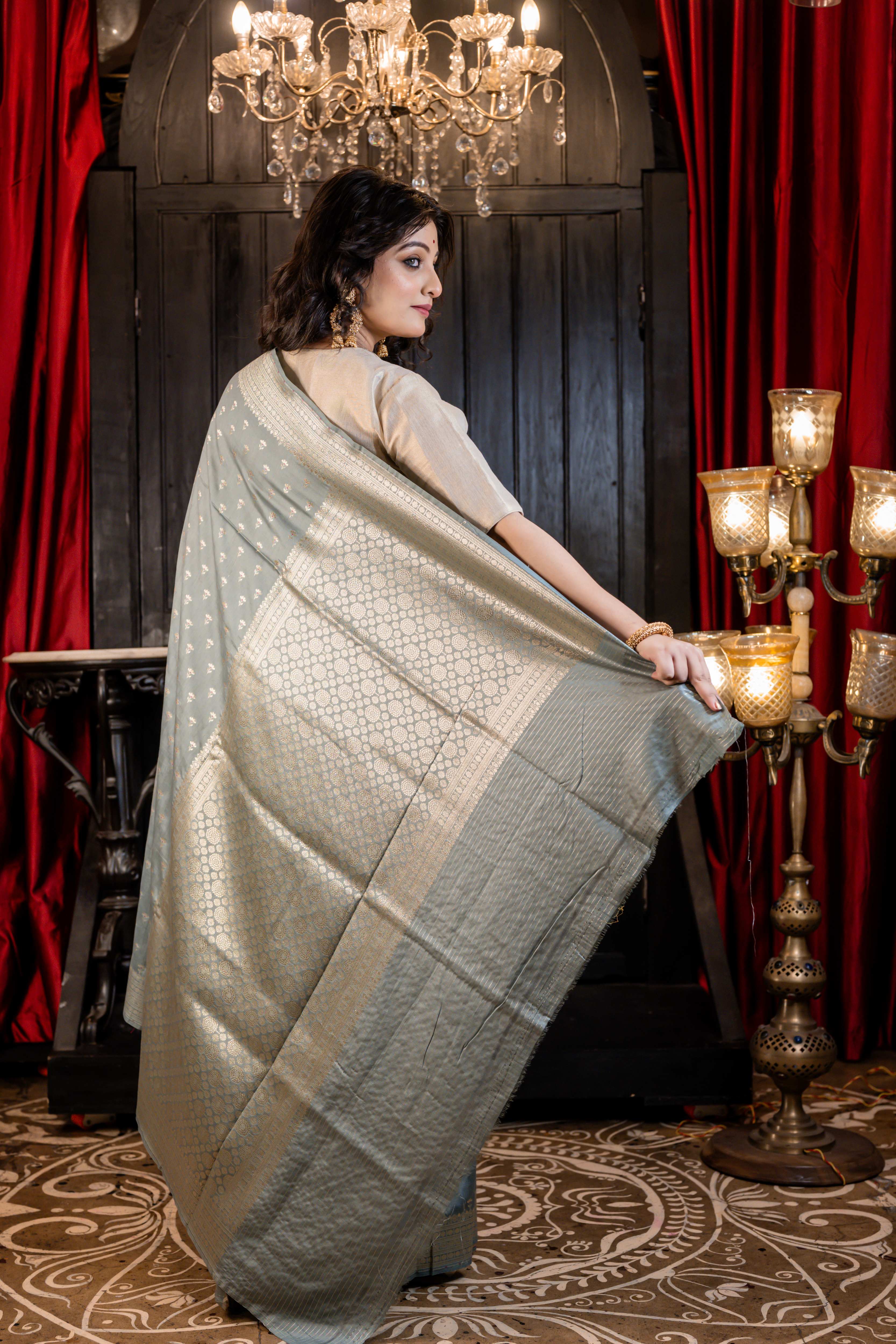 Ruhi || Grey Pure Munga Handloom Banarasi Saree with all over Matte Gold Zari Floral Buti and Meenakari highlights