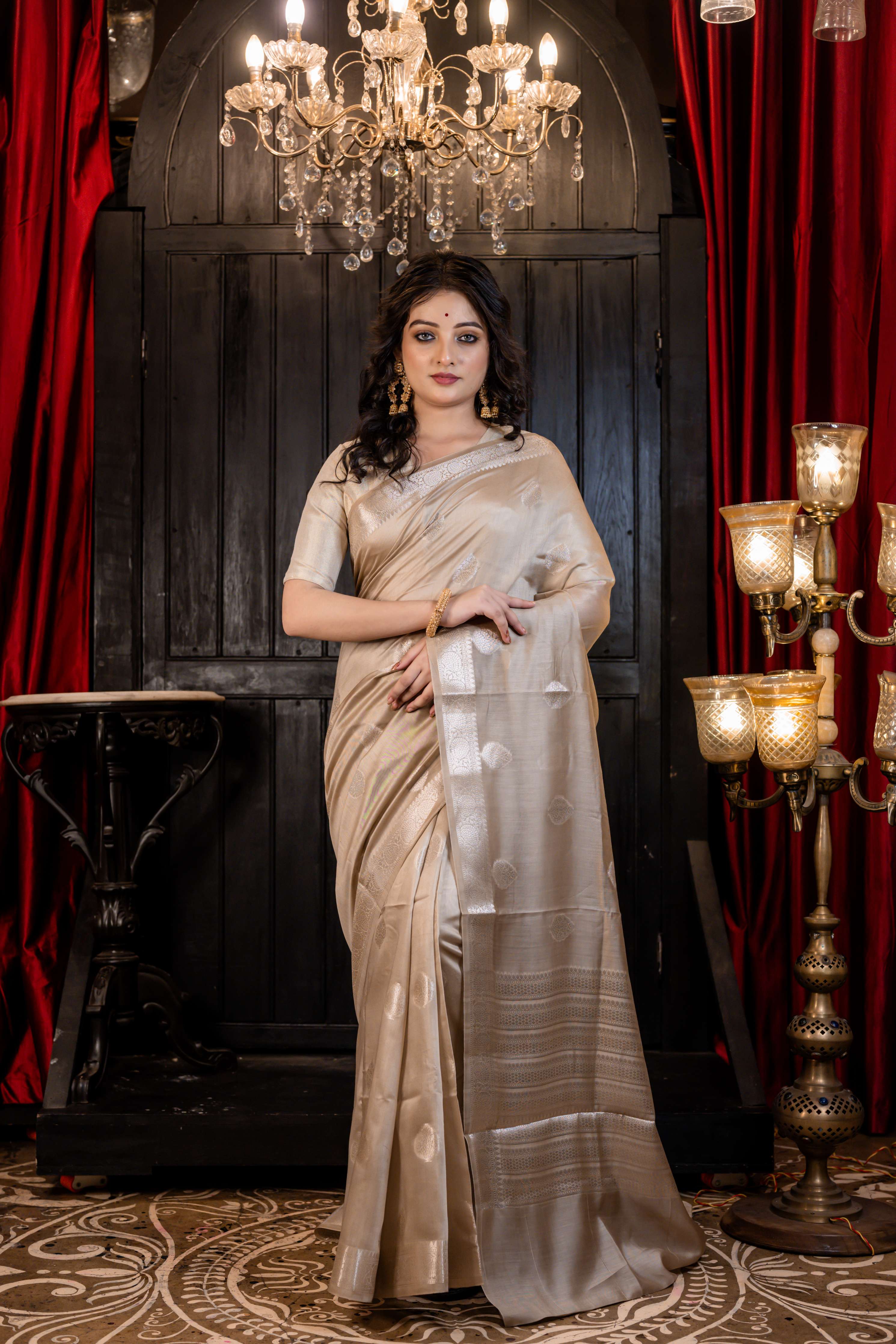 Sanaya || Light Taupe Brown Chinia Silk Banarasi Saree with all over Buta & Stripe Pallu woven in Silver Zari