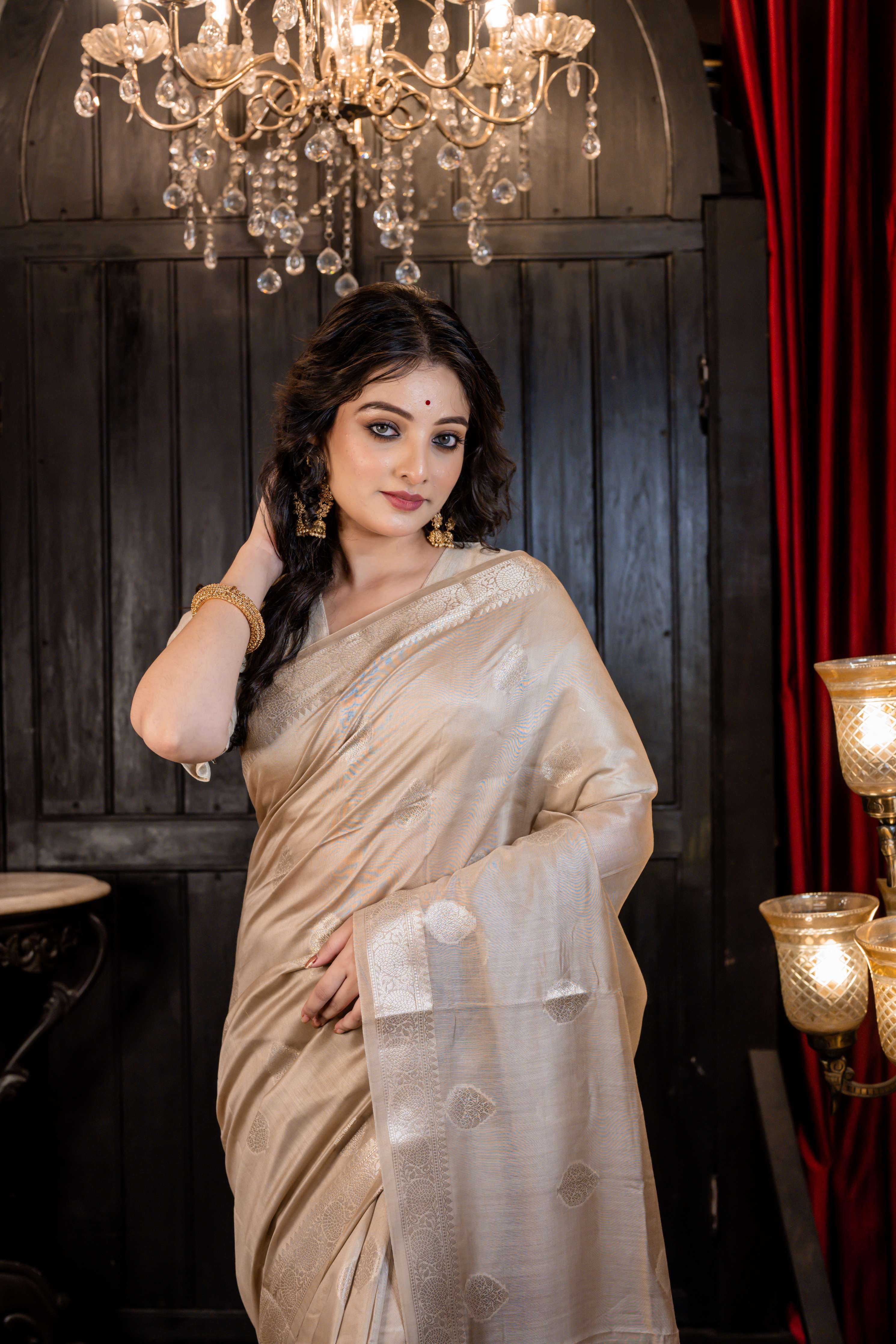 Sanaya || Light Taupe Brown Chinia Silk Banarasi Saree with all over Buta & Stripe Pallu woven in Silver Zari