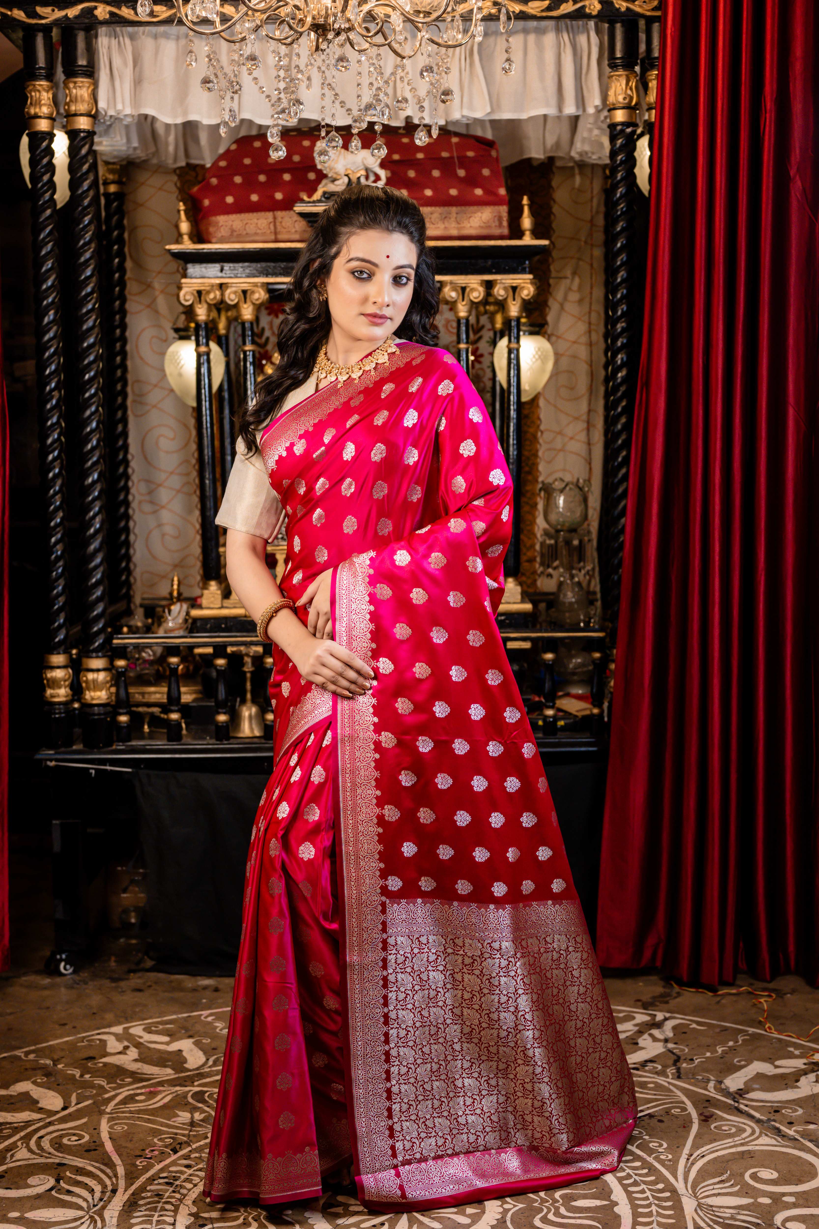 Suhasini || Magenta Mashru Silk Banarasi Saree with all over Buta and Border in Silver Zari