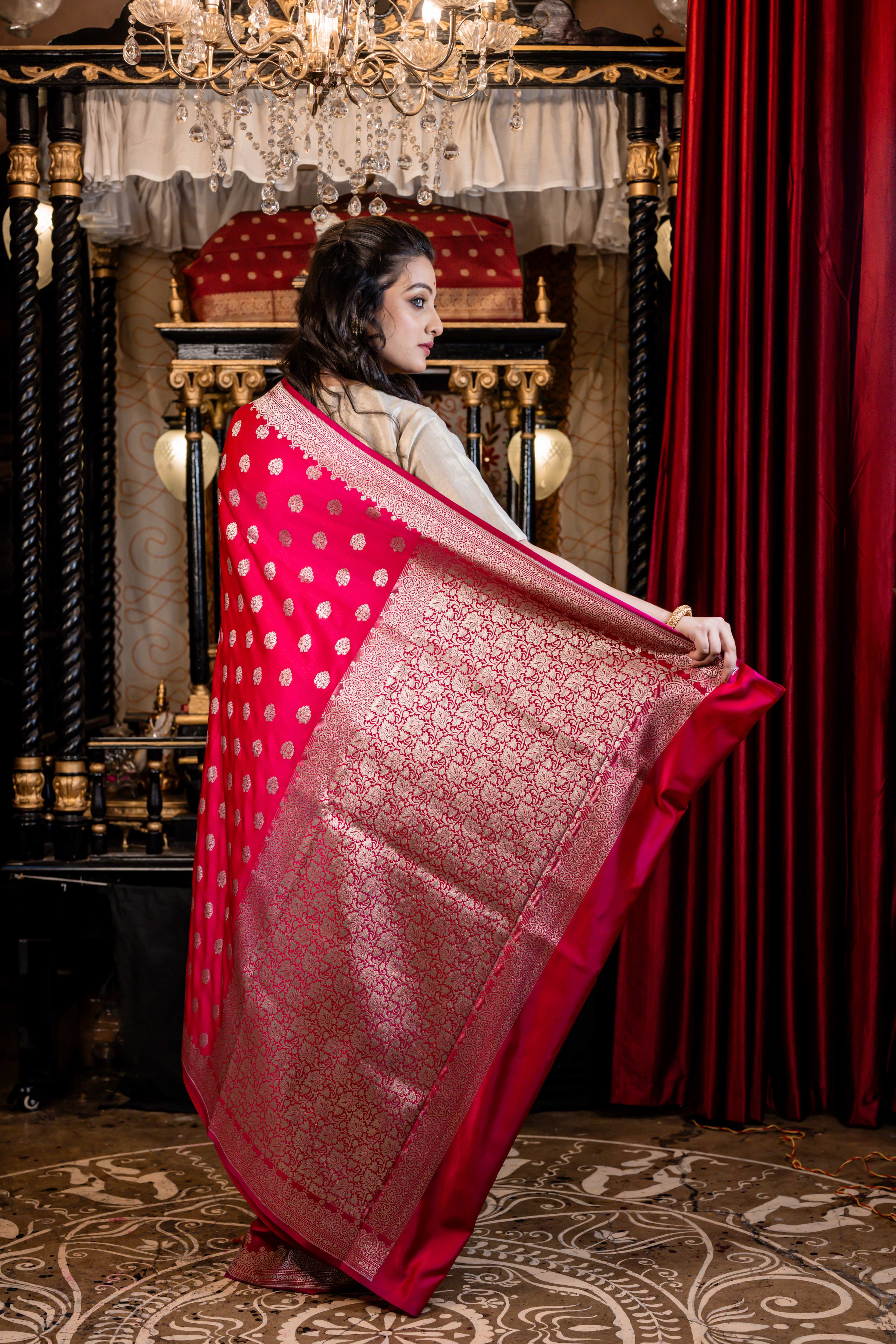 Suhasini || Magenta Mashru Silk Banarasi Saree with all over Buta and Border in Silver Zari