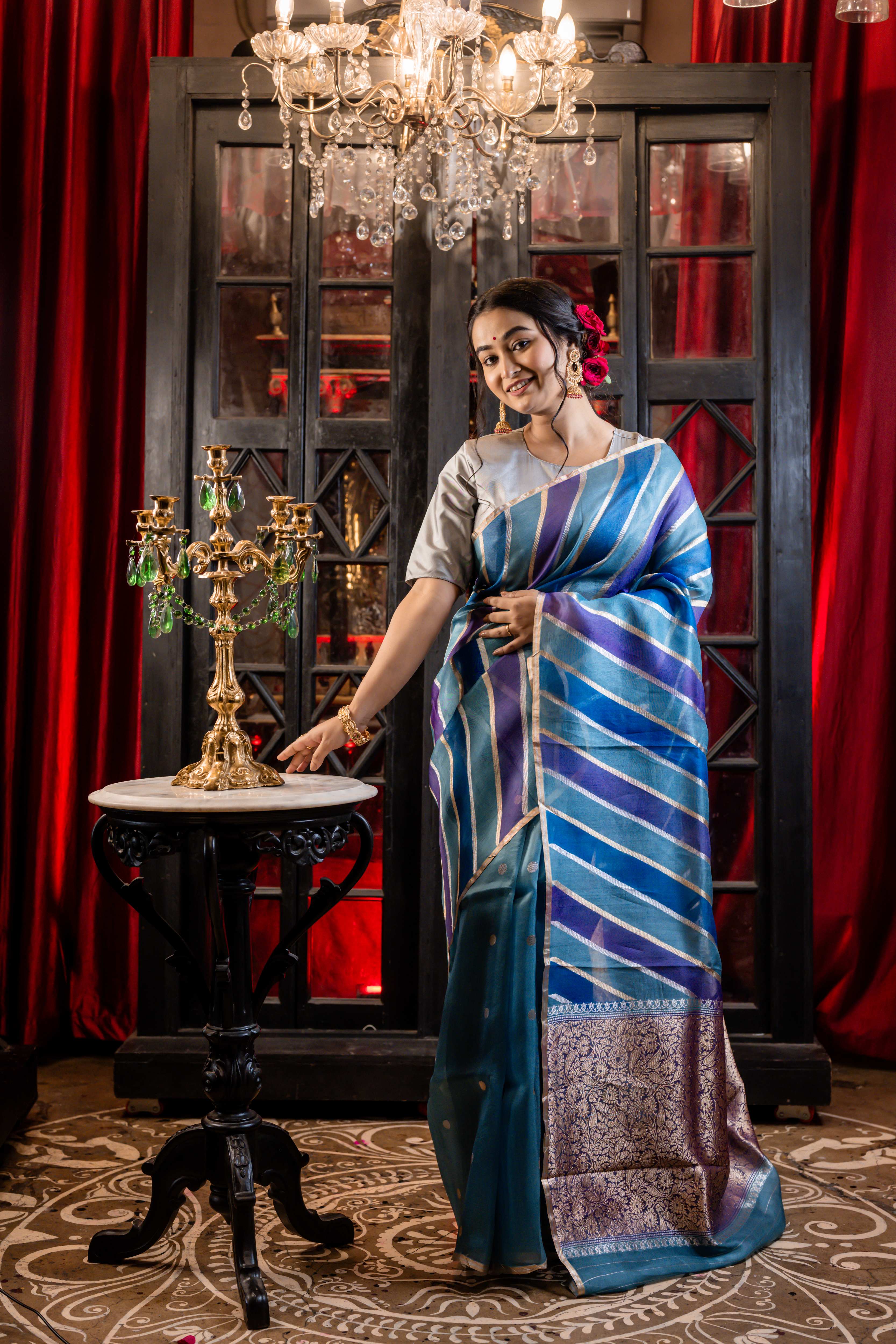 Megha || Dusty Blue, Violet & Indigo Blue Rangkaat Kora Silk Handloom Banarasi Saree with half & half 'Sona-Rupa' Zari Kadhua Buta and Stripes