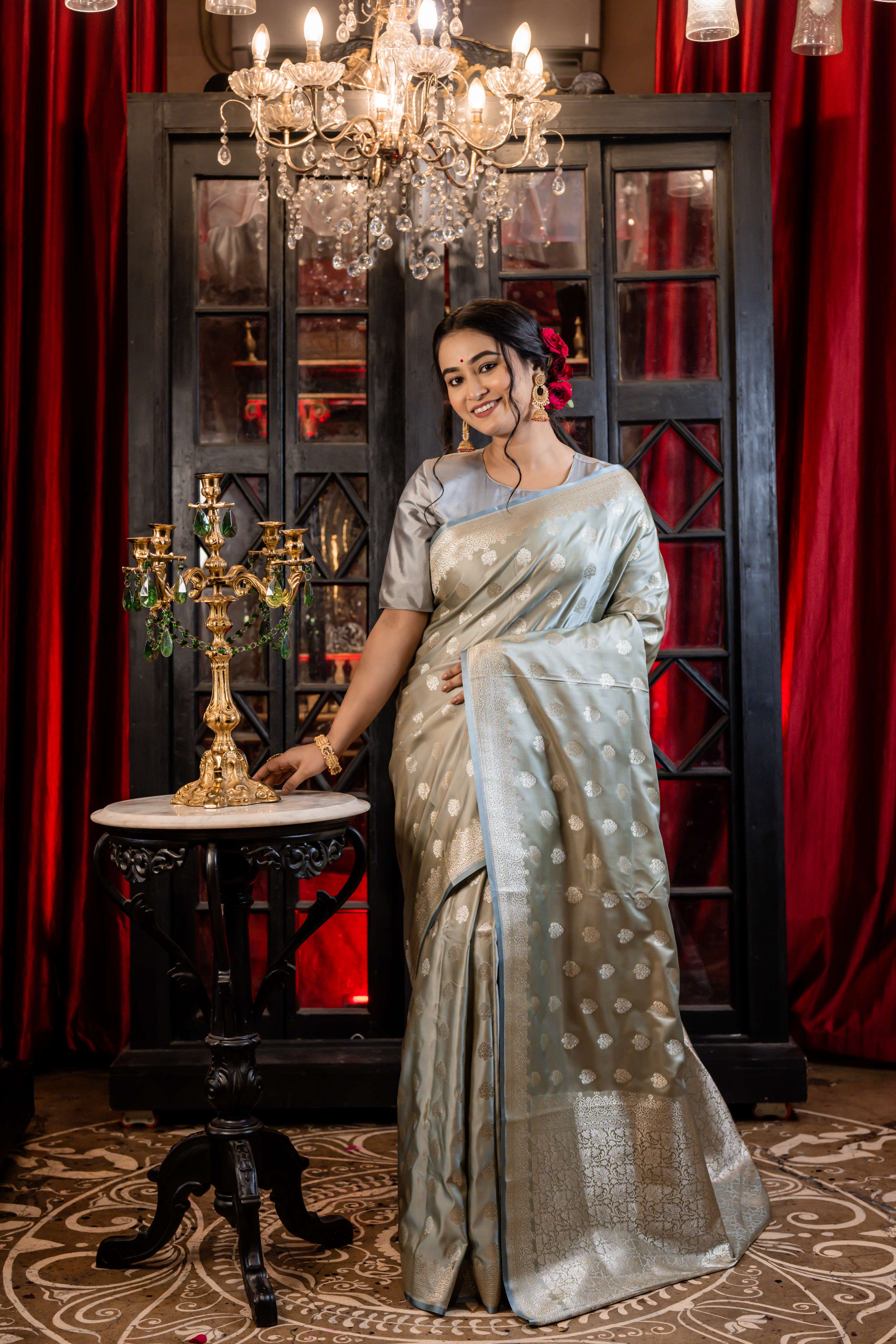 Aashni || Steel Grey Mashru Silk Banarasi Saree with all over Buta and Border in Silver Zari