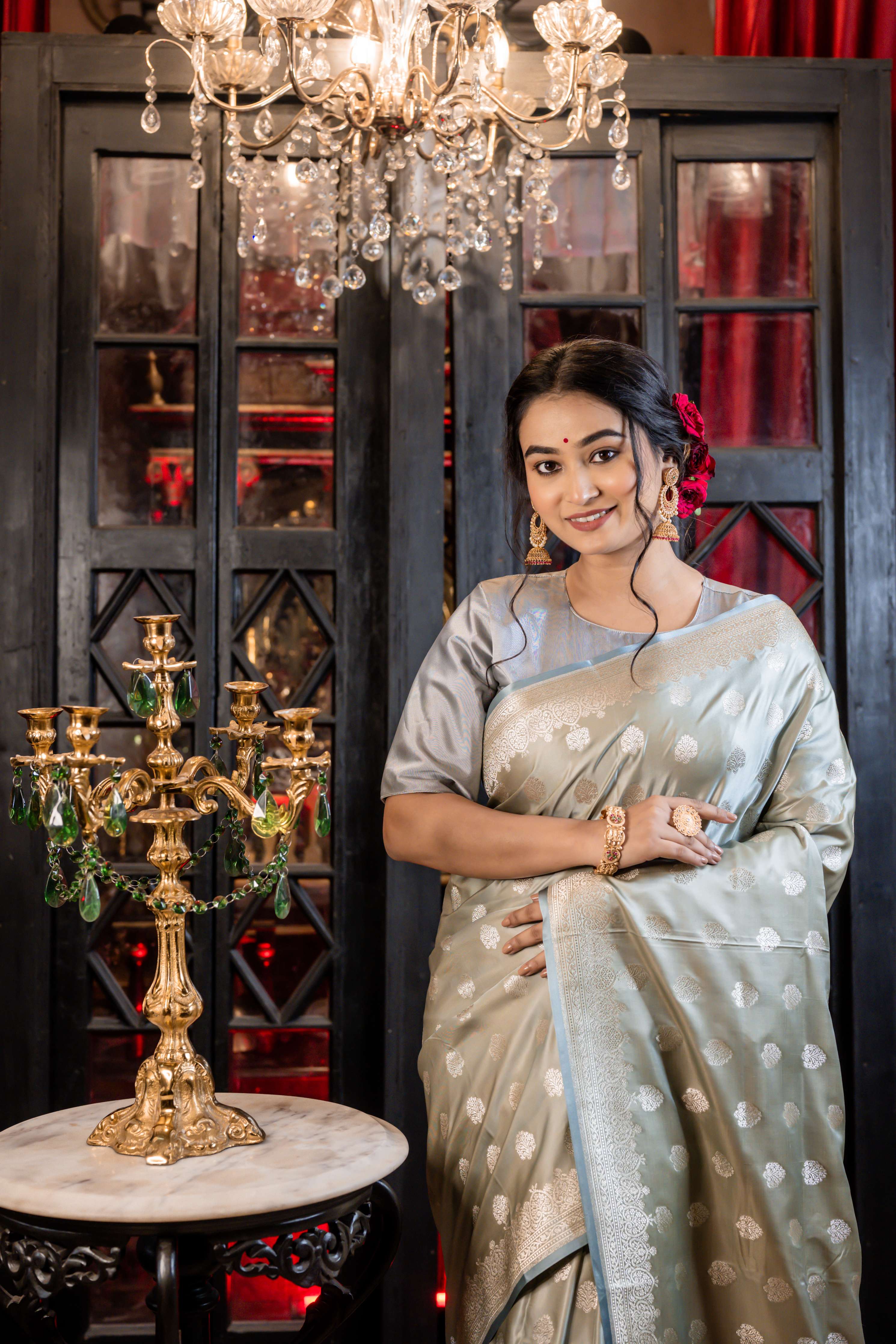 Aashni || Steel Grey Mashru Silk Banarasi Saree with all over Buta and Border in Silver Zari