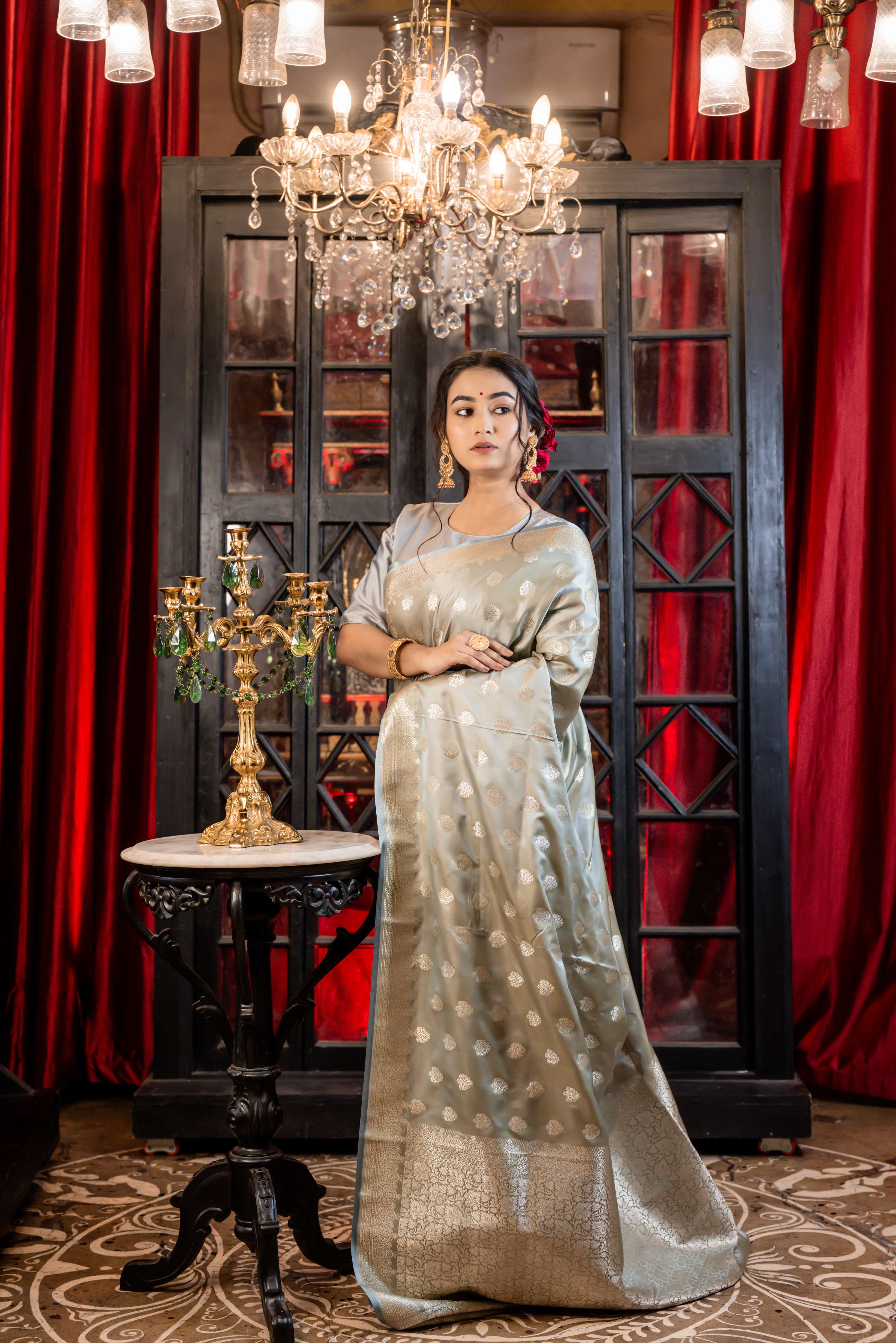 Aashni || Steel Grey Mashru Silk Banarasi Saree with all over Buta and Border in Silver Zari