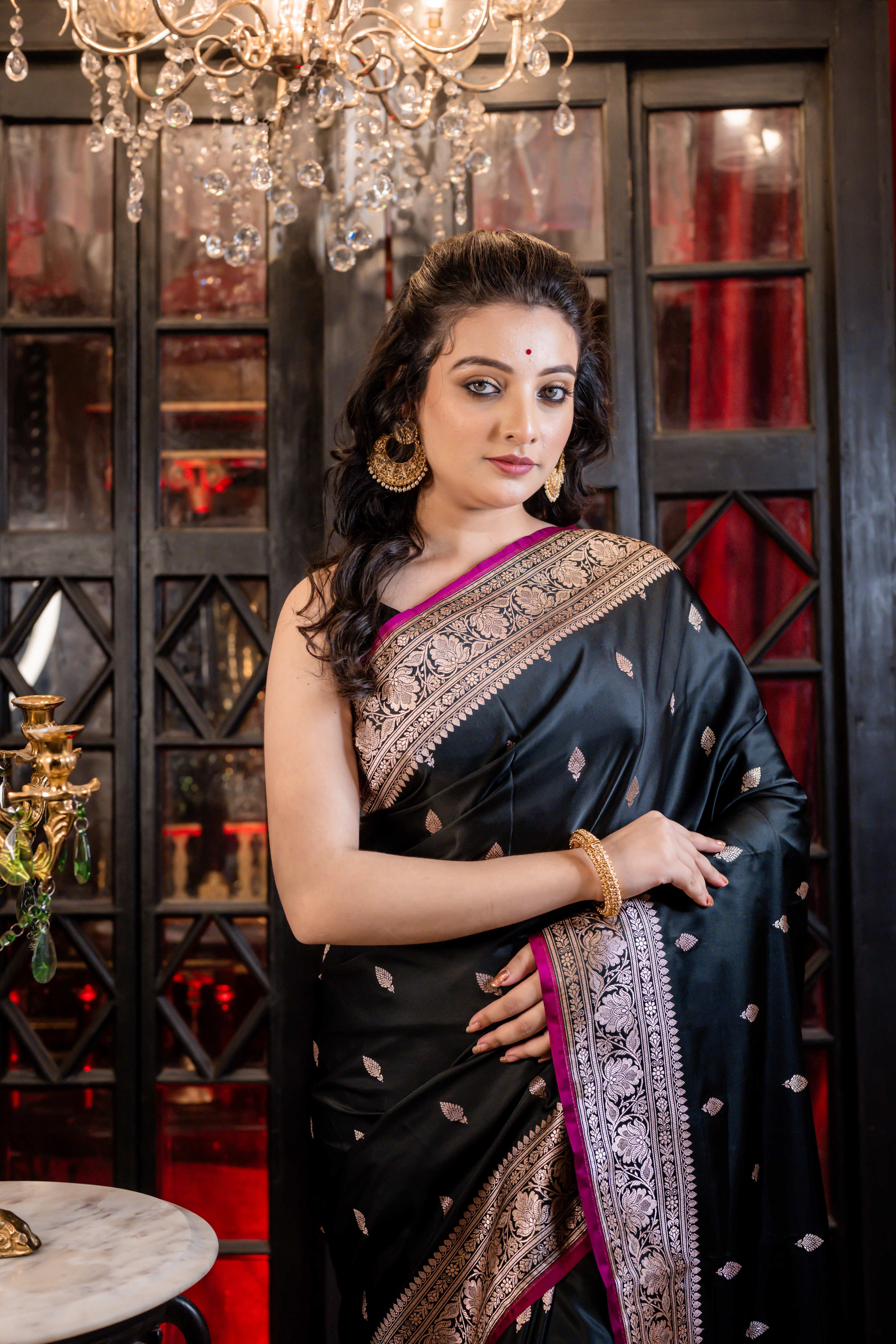 Yamini || Black Banarasi Mashru Silk Banarasi Saree with all over Copper Zari Buta and sleek Magenta border