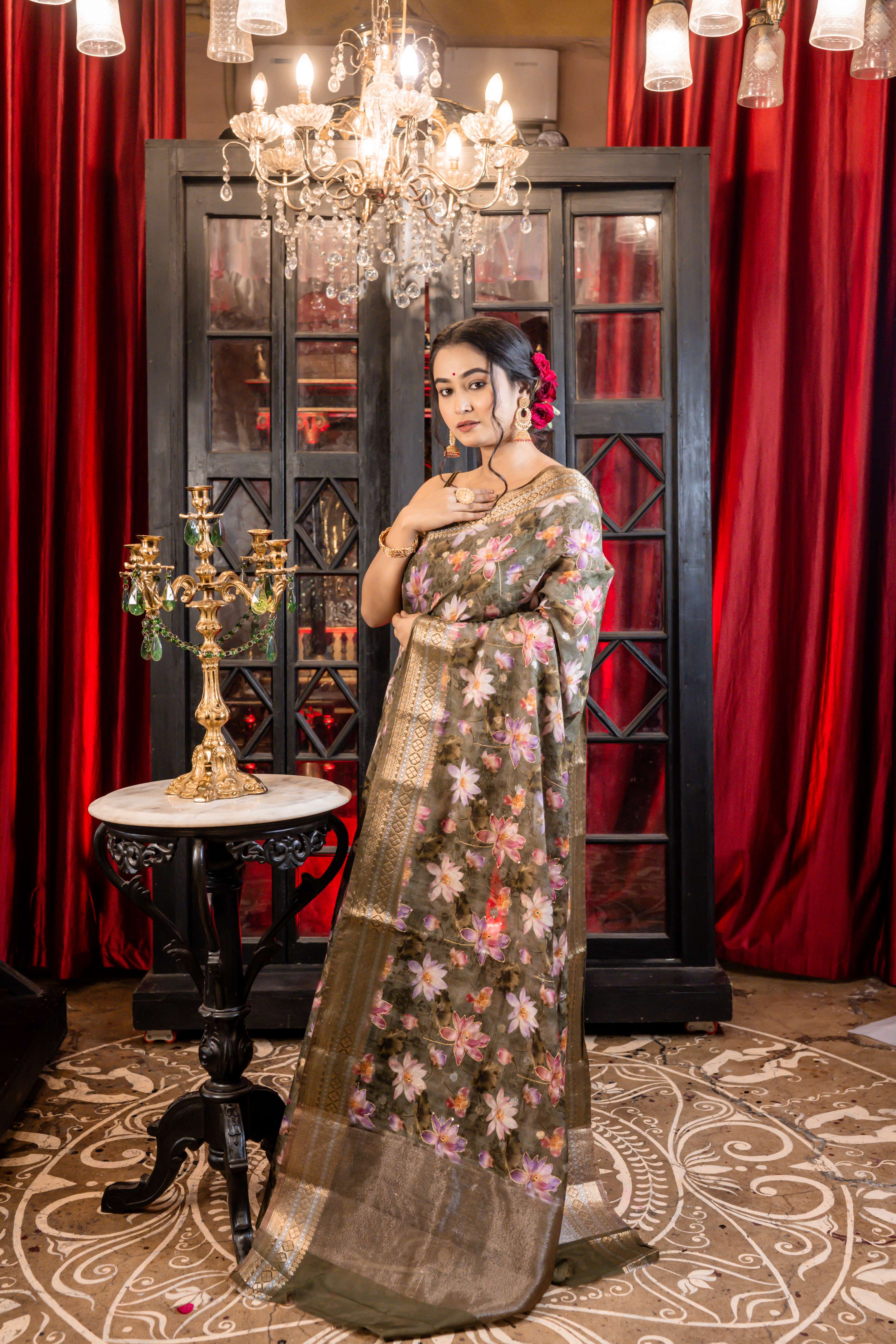 Kumud || Moss Green Chanderi blend Banarasi Saree with all over Floral Digital Print and Sona Rupa Buta with Mirror & Gold Zari highlights