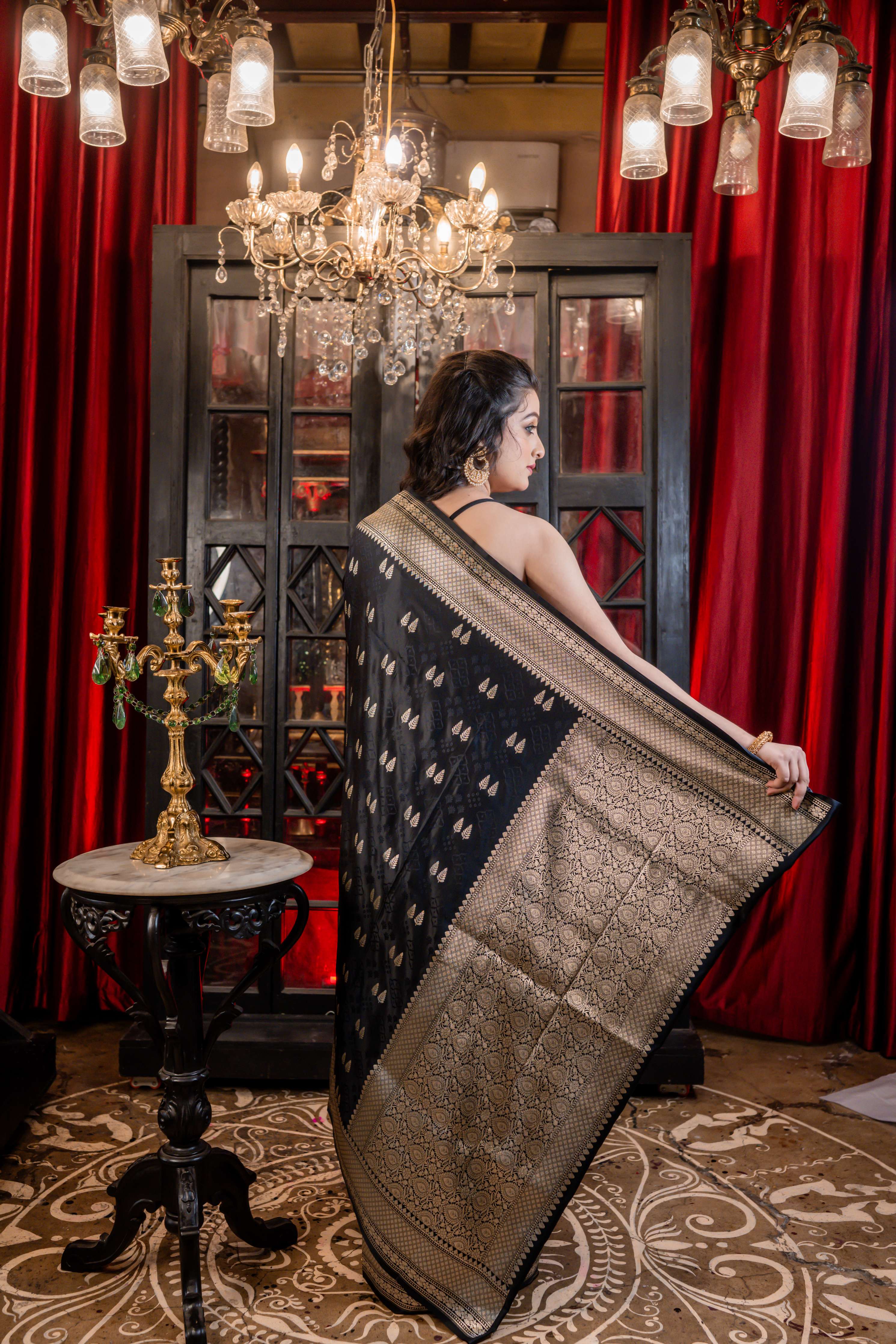 Nishitha || Black Mashru Silk Banarasi Saree with all over Buta and Border in Silver Zari