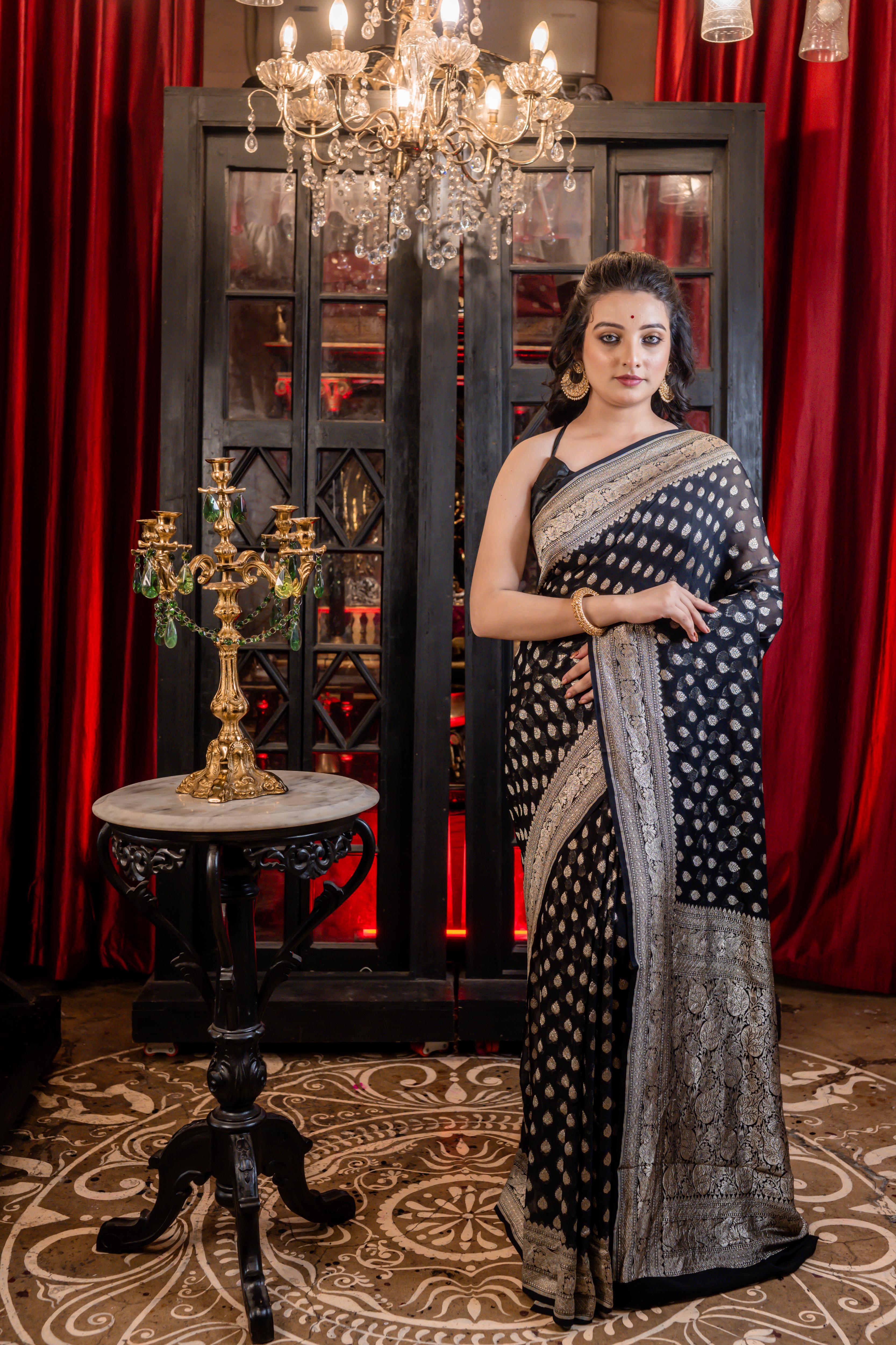 Advika || Black Khaddi Georgette Banarasi Saree with all over Silver Zari Buti
