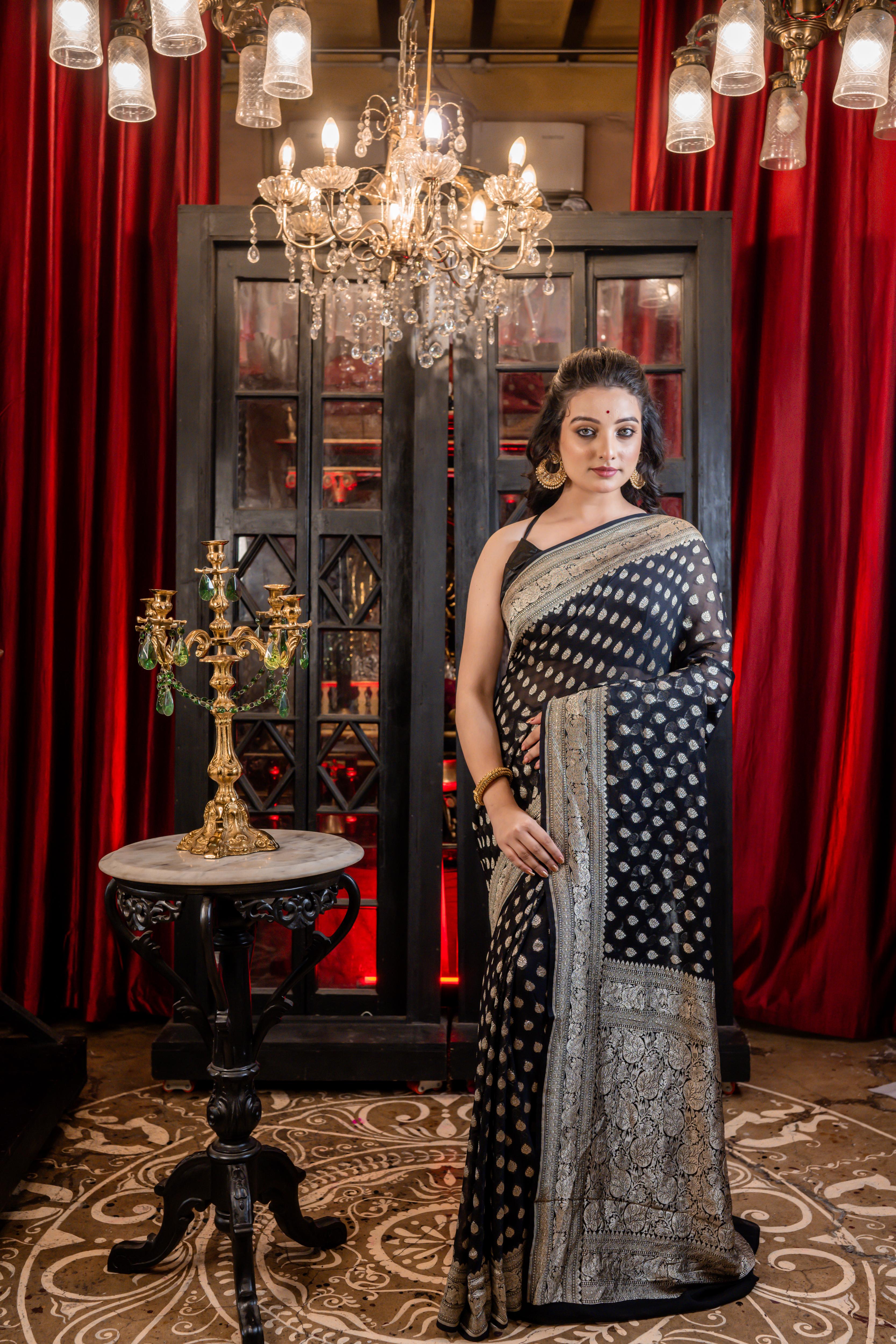 Advika || Black Khaddi Georgette Banarasi Saree with all over Silver Zari Buti