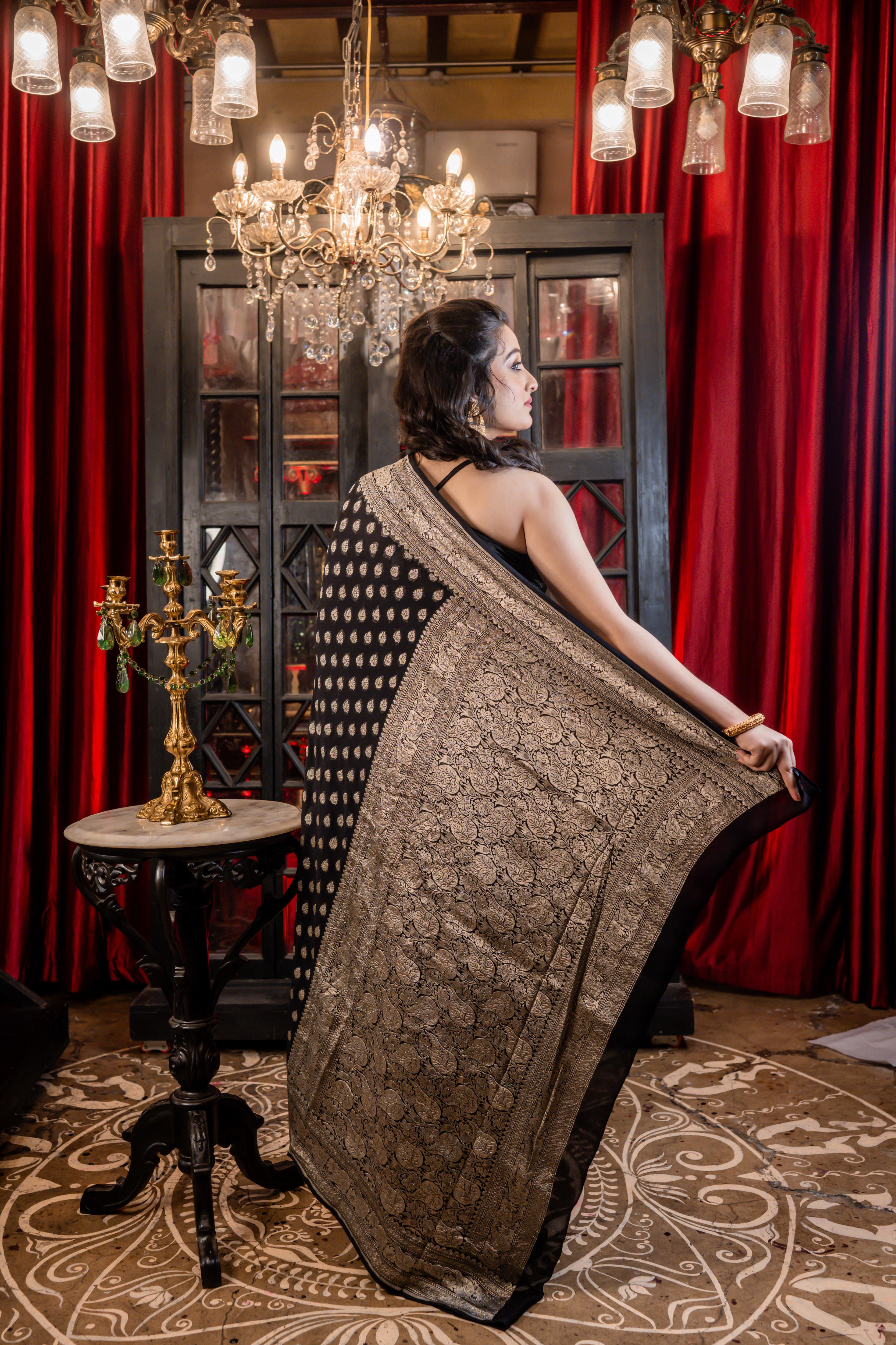 Advika || Black Khaddi Georgette Banarasi Saree with all over Silver Zari Buti