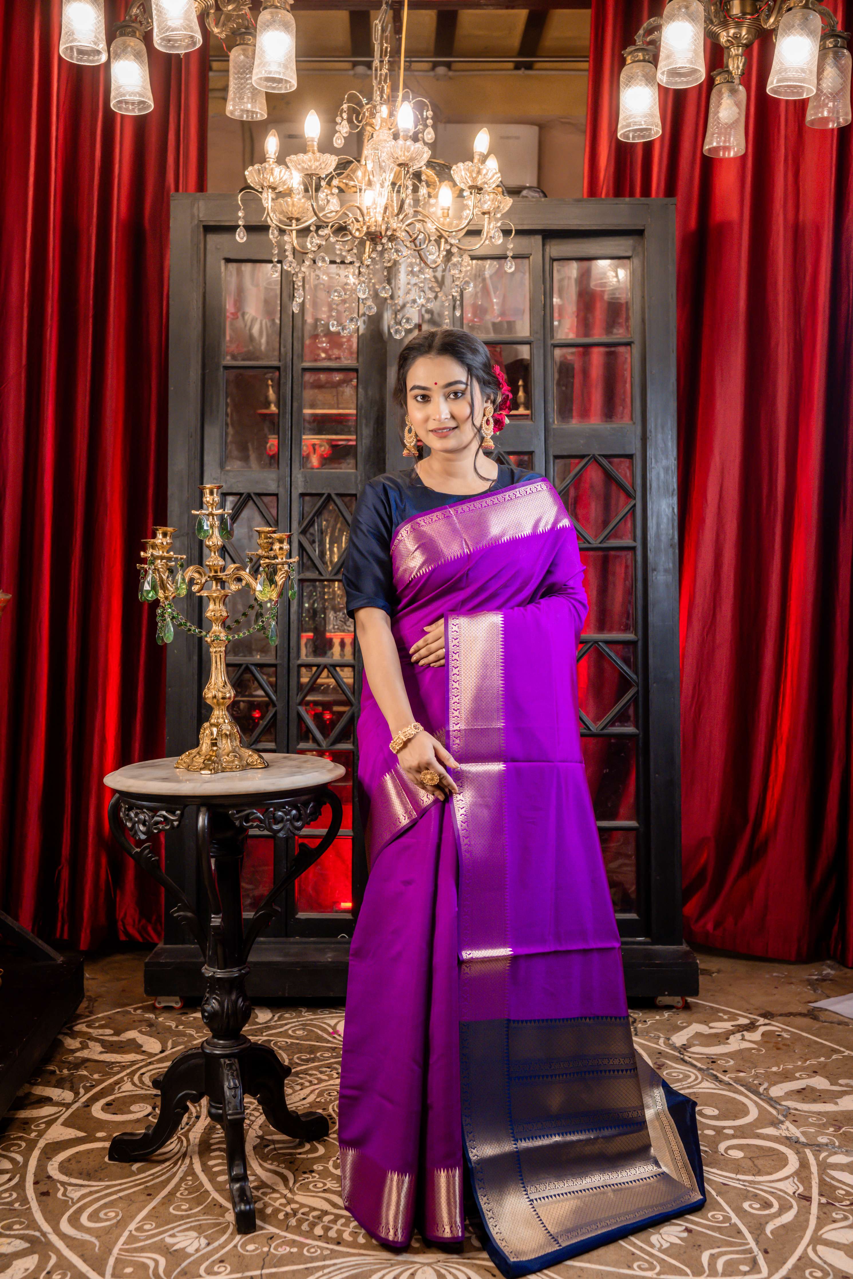 Amita || Purple Plain Body-Brocade Border Soft Katan Banarasi Saree with Navy Blue & Matte Gold Brocade Pallu