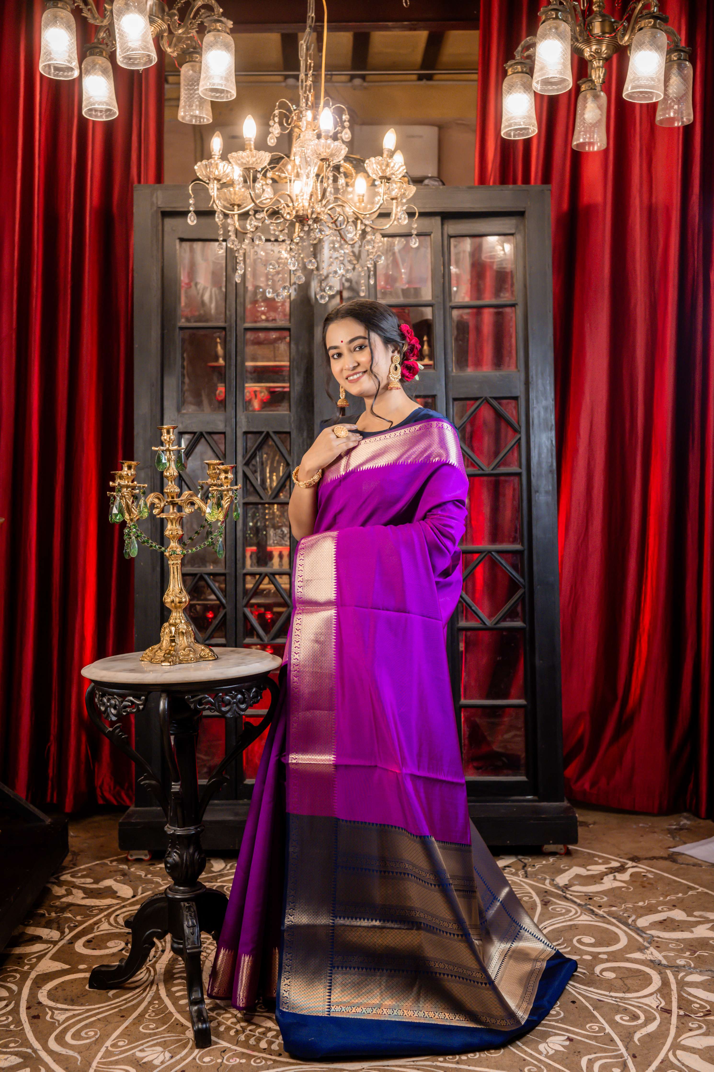 Amita || Purple Plain Body-Brocade Border Soft Katan Banarasi Saree with Navy Blue & Matte Gold Brocade Pallu