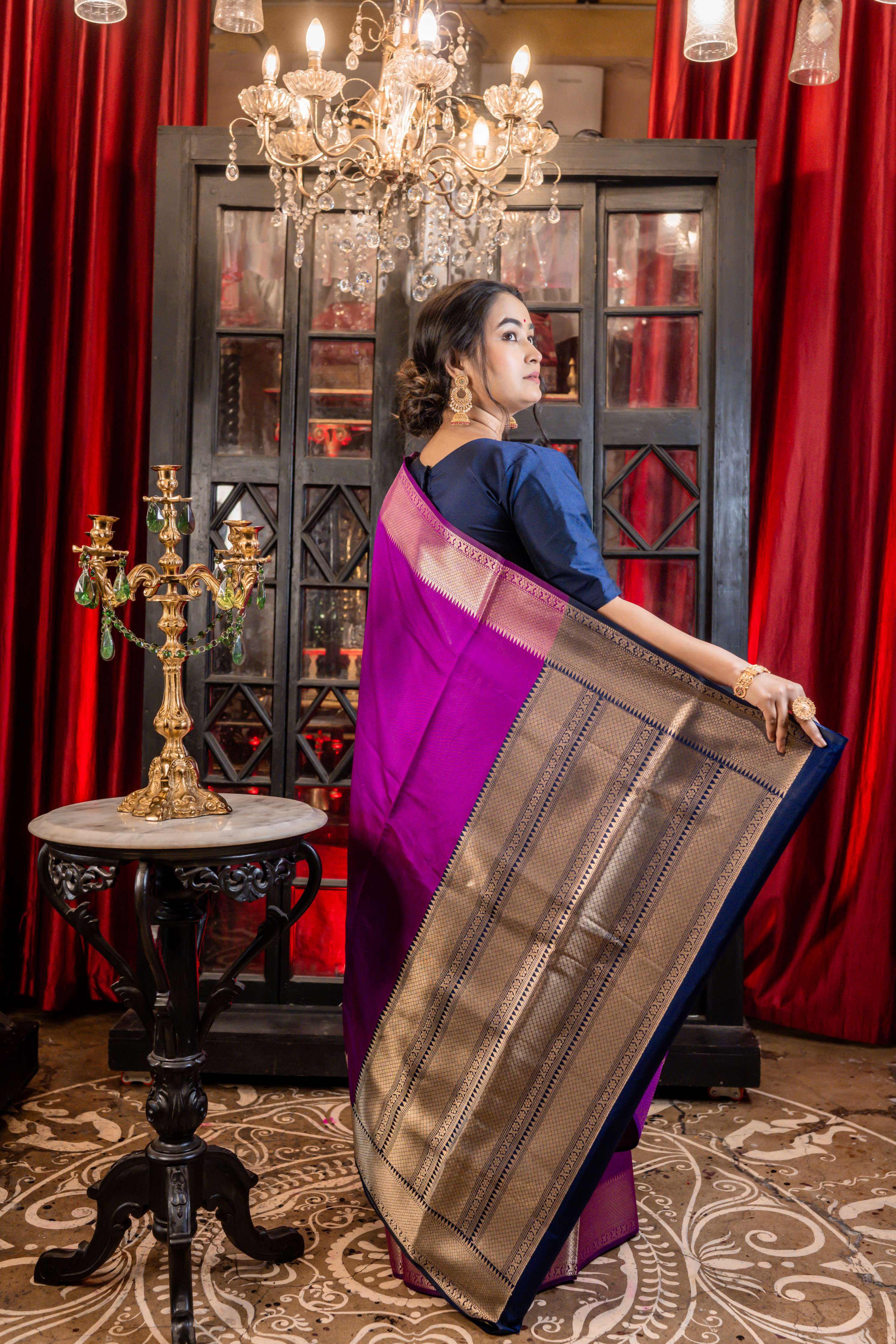 Amita || Purple Plain Body-Brocade Border Soft Katan Banarasi Saree with Navy Blue & Matte Gold Brocade Pallu