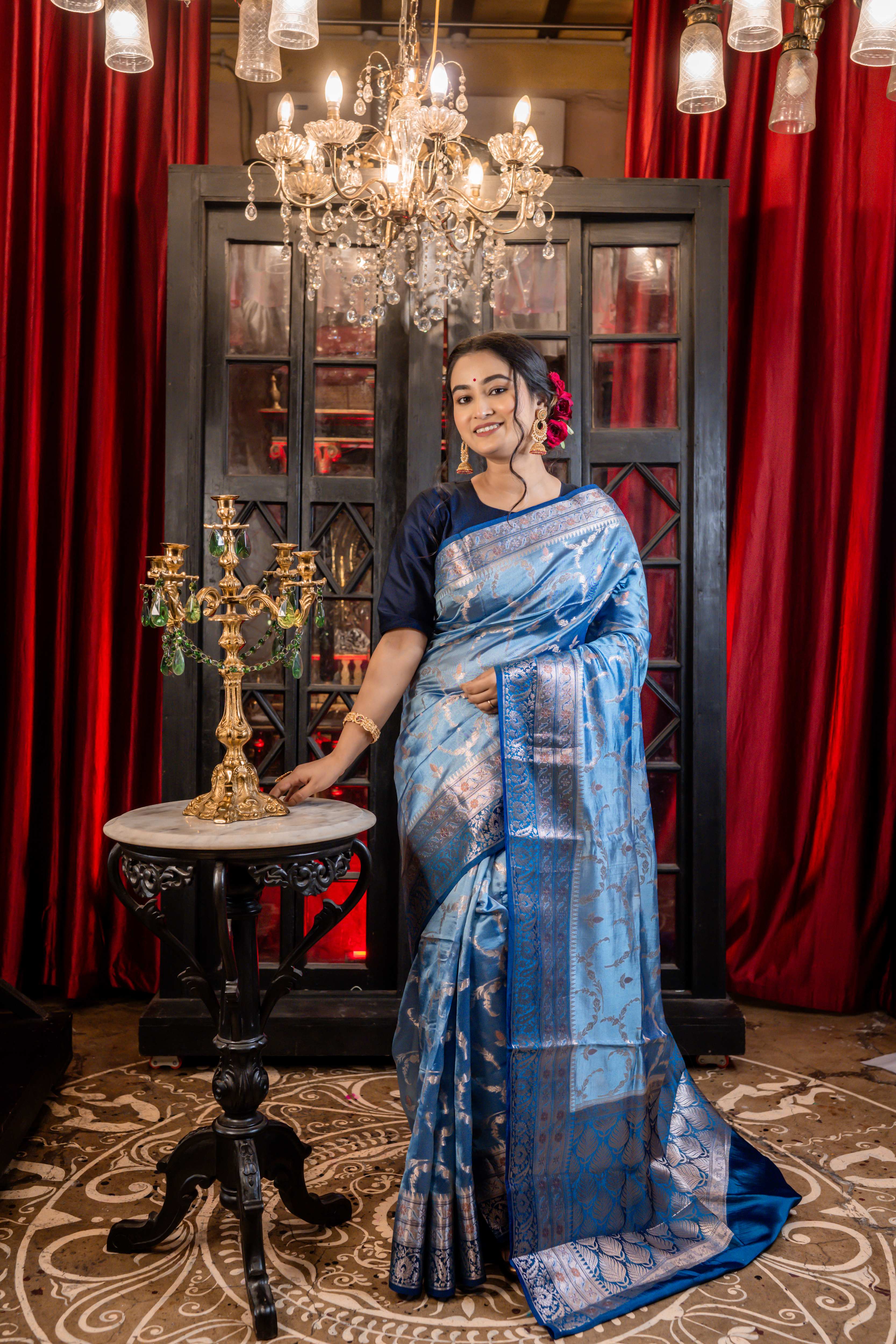 Meghna || Dusty Blue Katan Silk Banarasi Saree with all over Resham Floral Jaal and Gold-Copper highlights