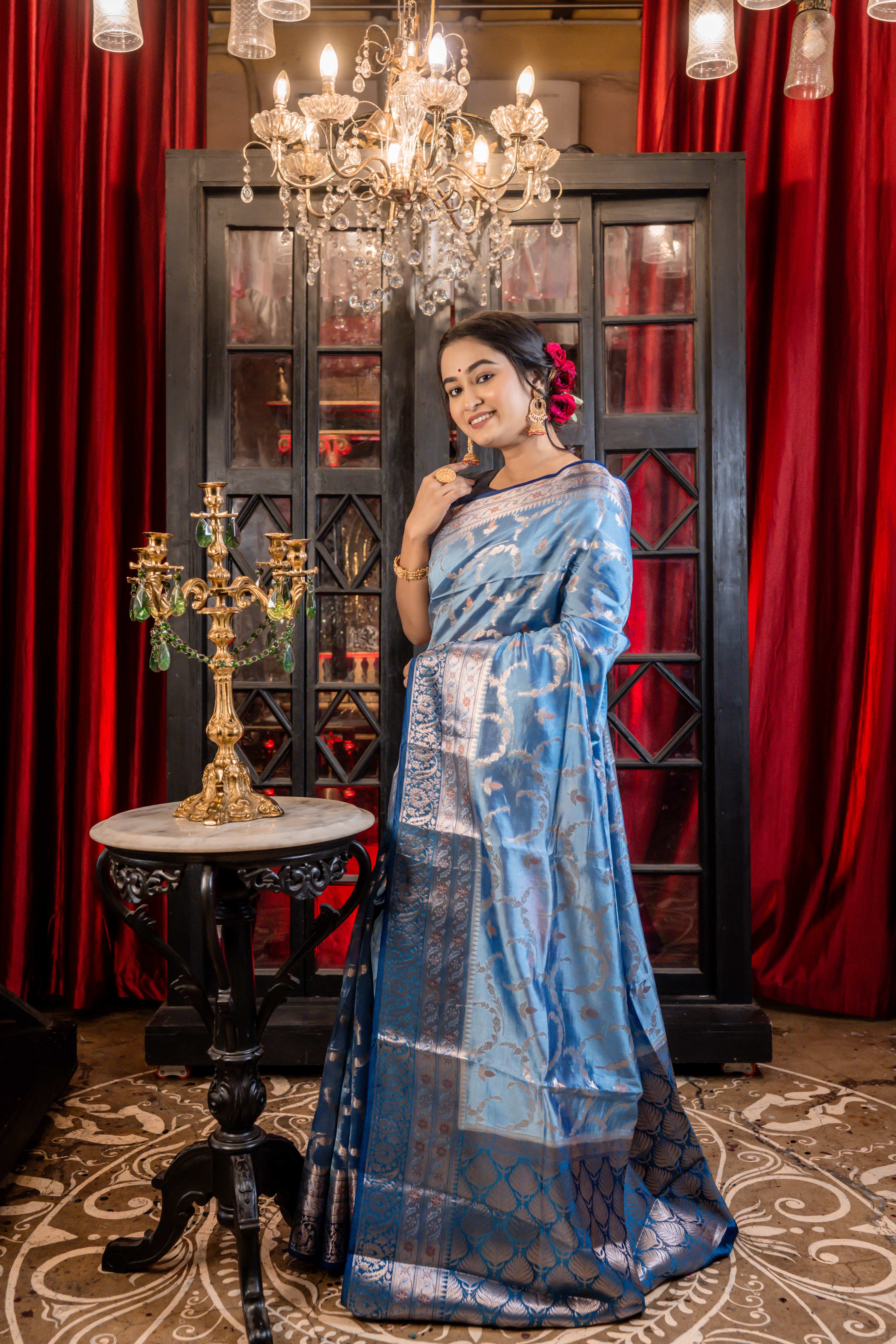 Meghna || Dusty Blue Katan Silk Banarasi Saree with all over Resham Floral Jaal and Gold-Copper highlights