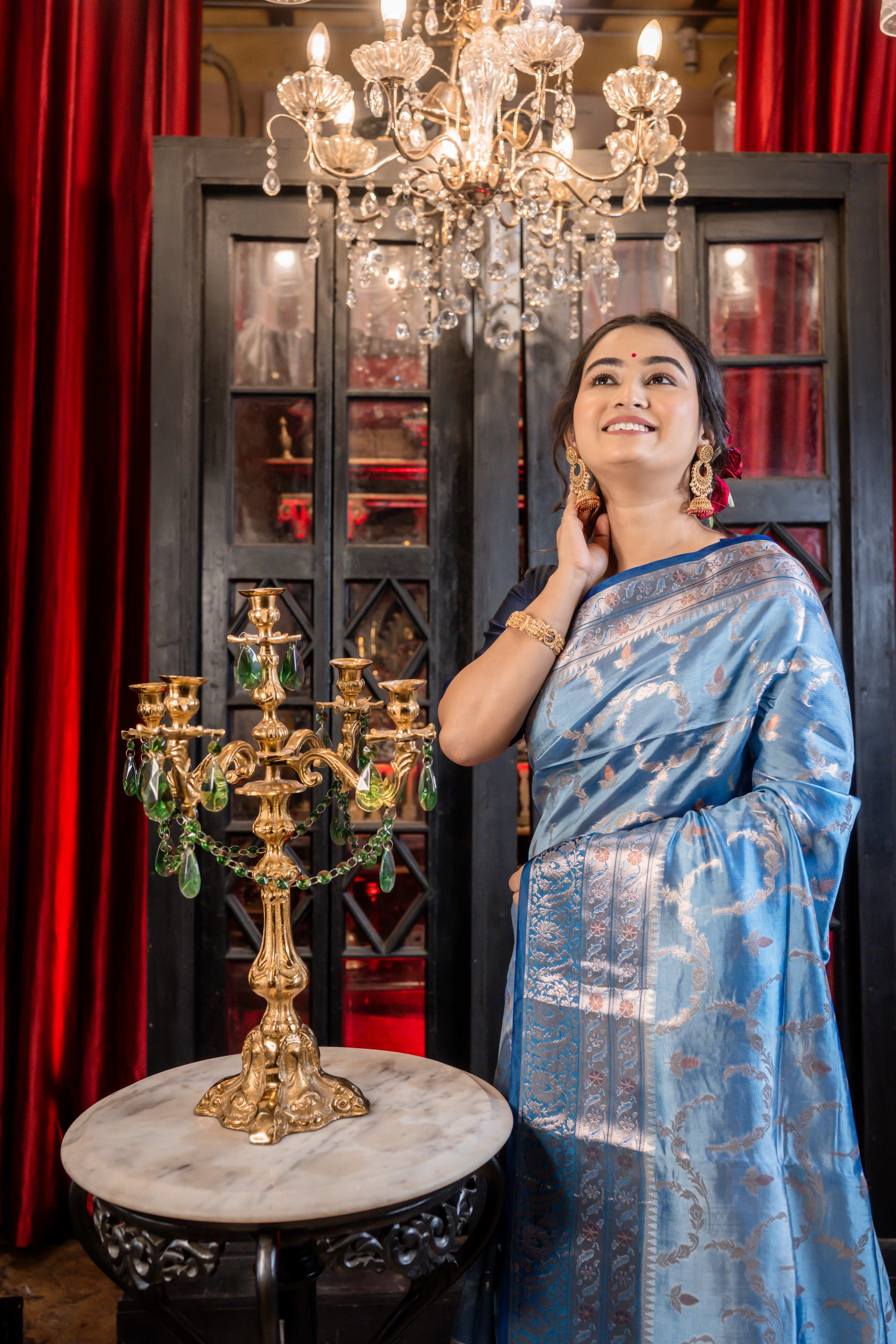 Meghna || Dusty Blue Katan Silk Banarasi Saree with all over Resham Floral Jaal and Gold-Copper highlights