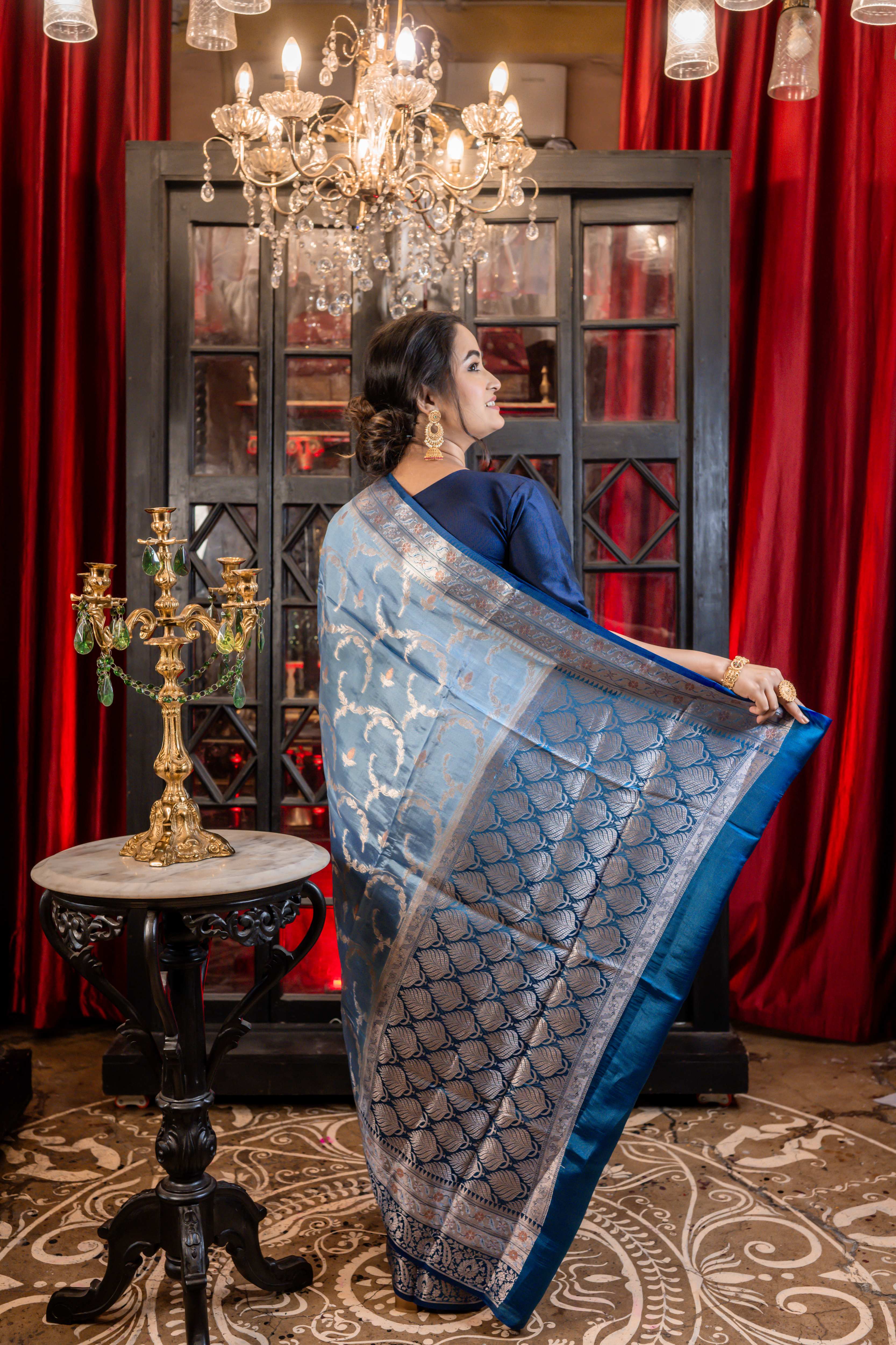 Meghna || Dusty Blue Katan Silk Banarasi Saree with all over Resham Floral Jaal and Gold-Copper highlights