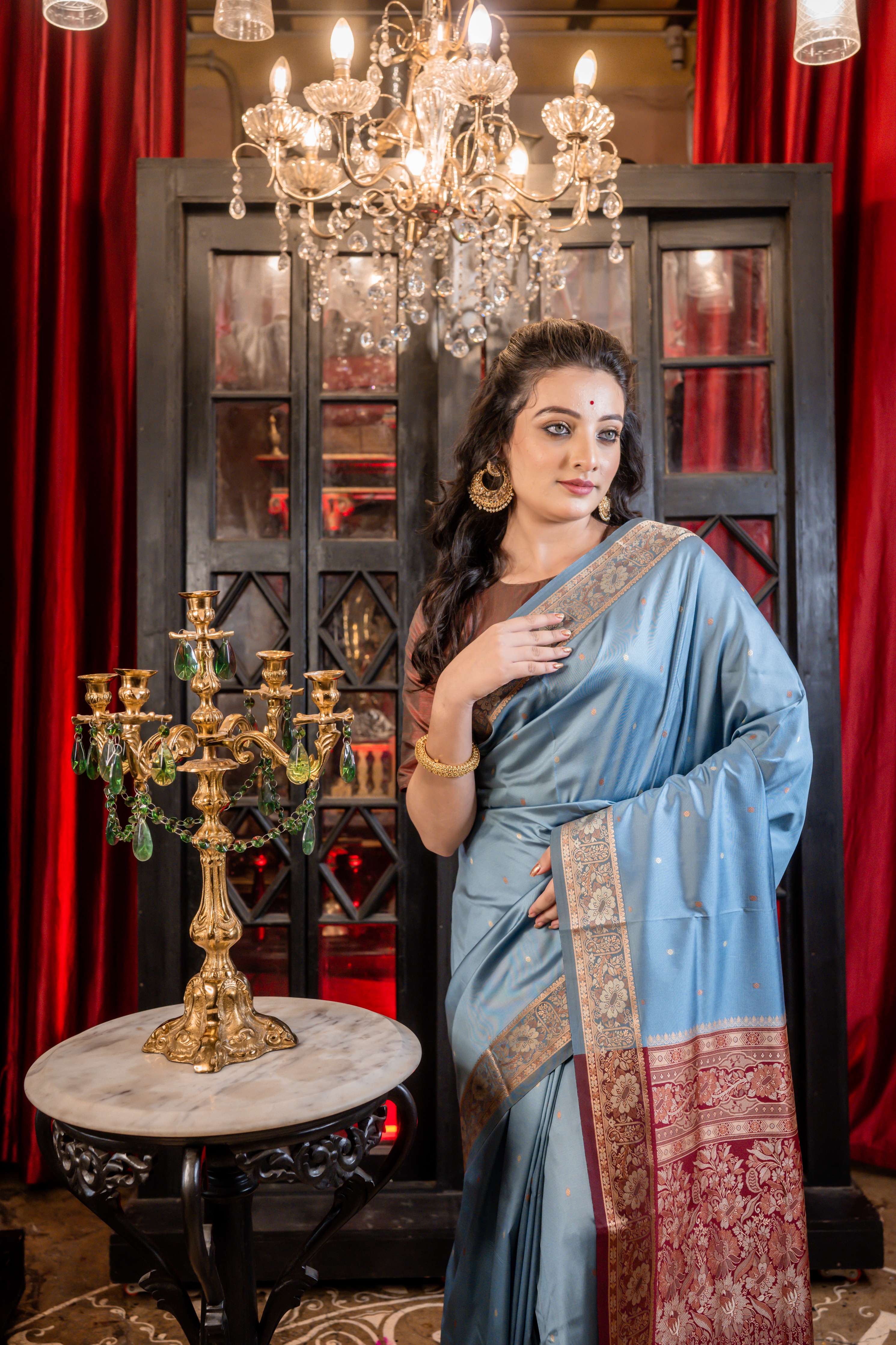 Dhara || Dusty Blue Soft Silk Banarasi Saree with all over Beige & Copper Resham Buta and light Maroon border & Pallu