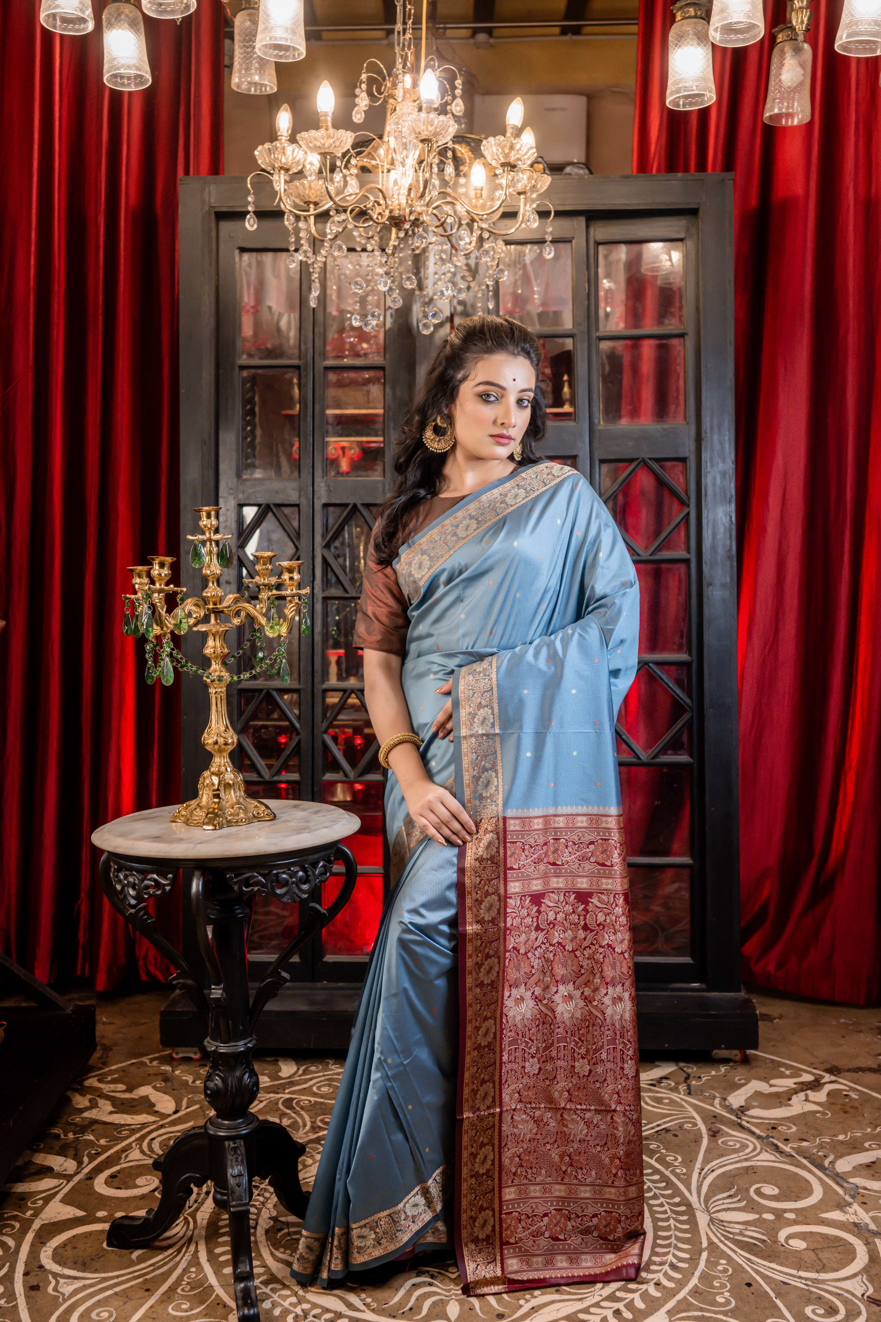 Dhara || Dusty Blue Soft Silk Banarasi Saree with all over Beige & Copper Resham Buta and light Maroon border & Pallu