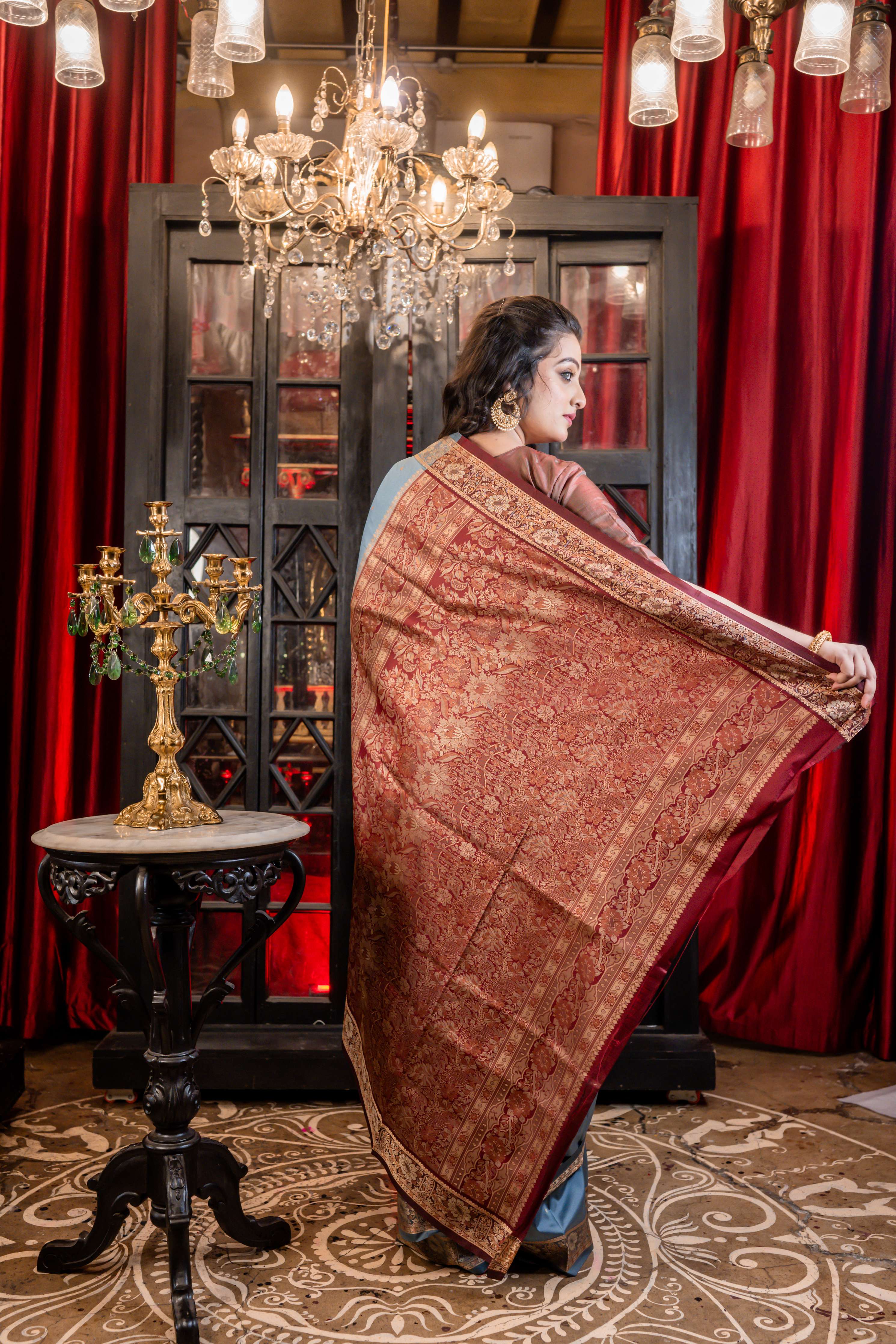Dhara || Dusty Blue Soft Silk Banarasi Saree with all over Beige & Copper Resham Buta and light Maroon border & Pallu