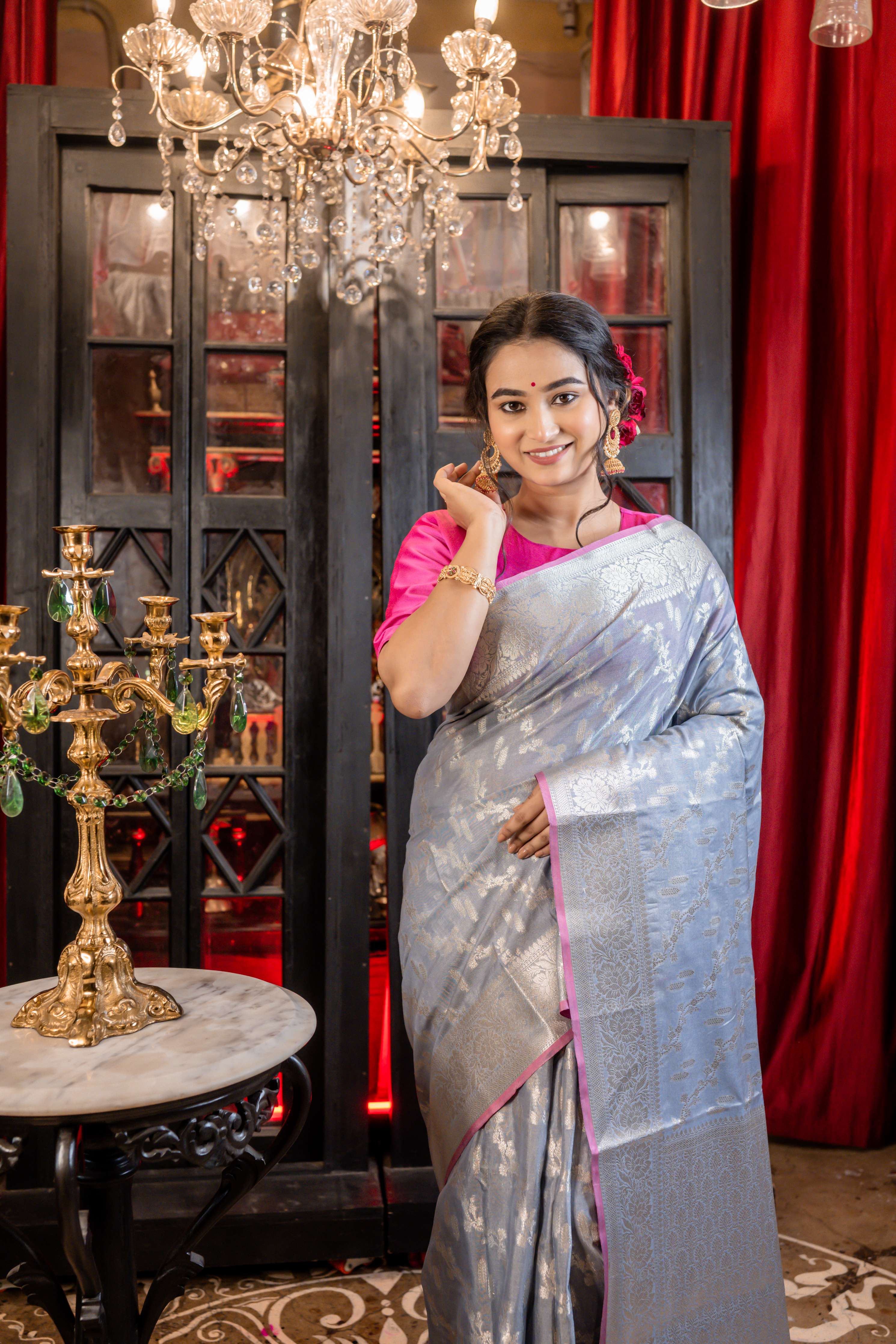 Meghal || Grey Cotton Silk Banarasi Saree All Over Jaal & Buta in Silver Zari