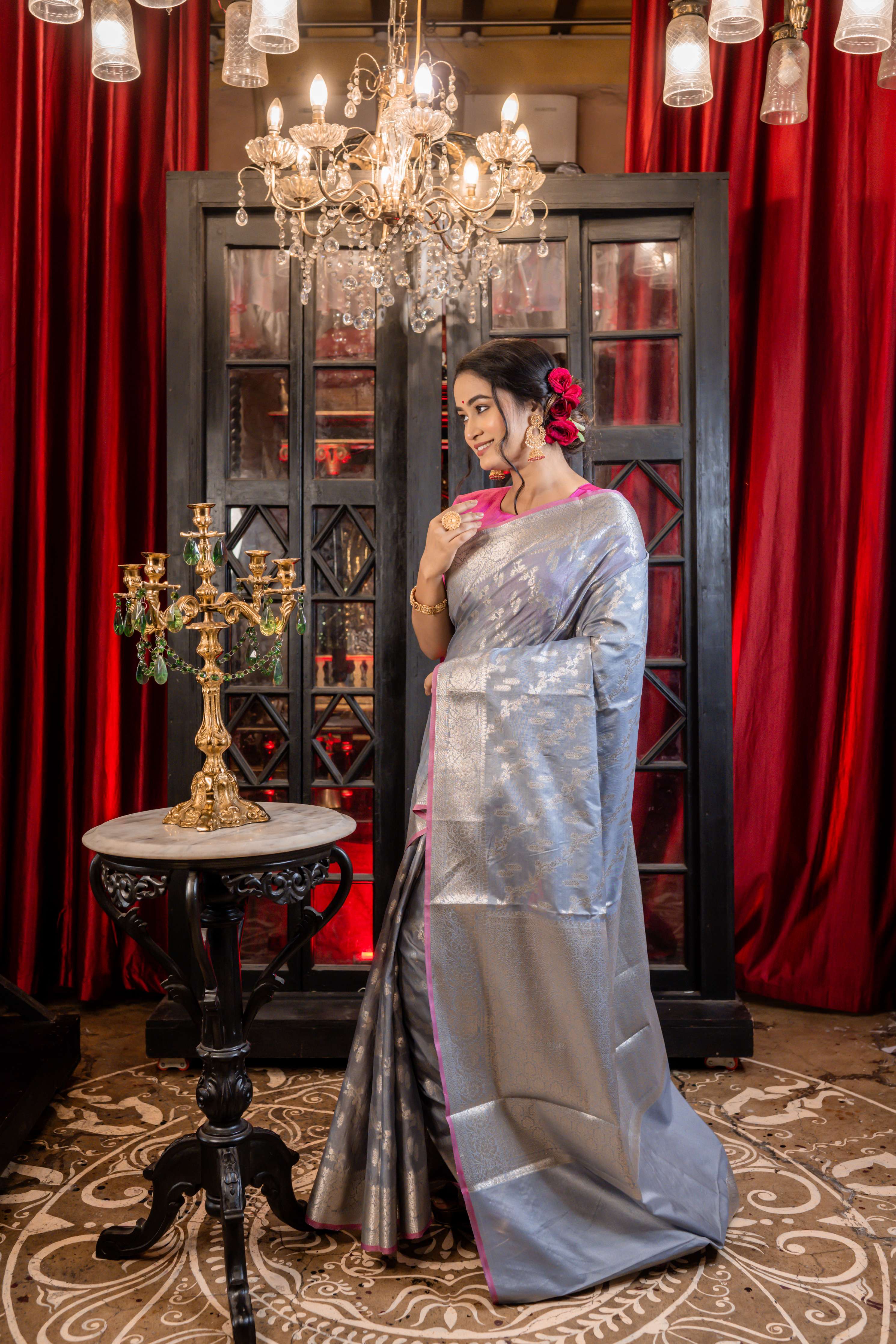 Meghal || Grey Cotton Silk Banarasi Saree All Over Jaal & Buta in Silver Zari