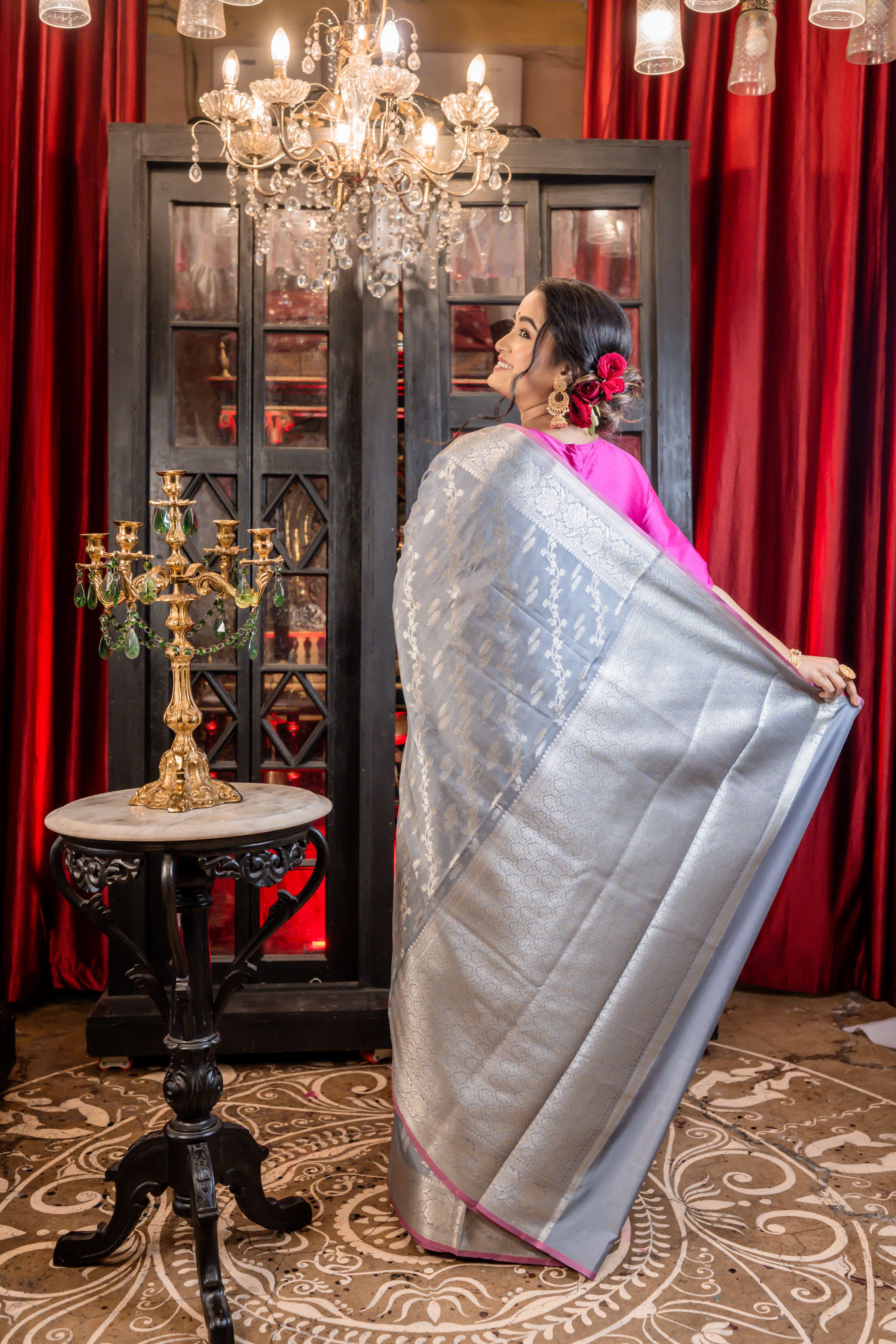 Meghal || Grey Cotton Silk Banarasi Saree All Over Jaal & Buta in Silver Zari