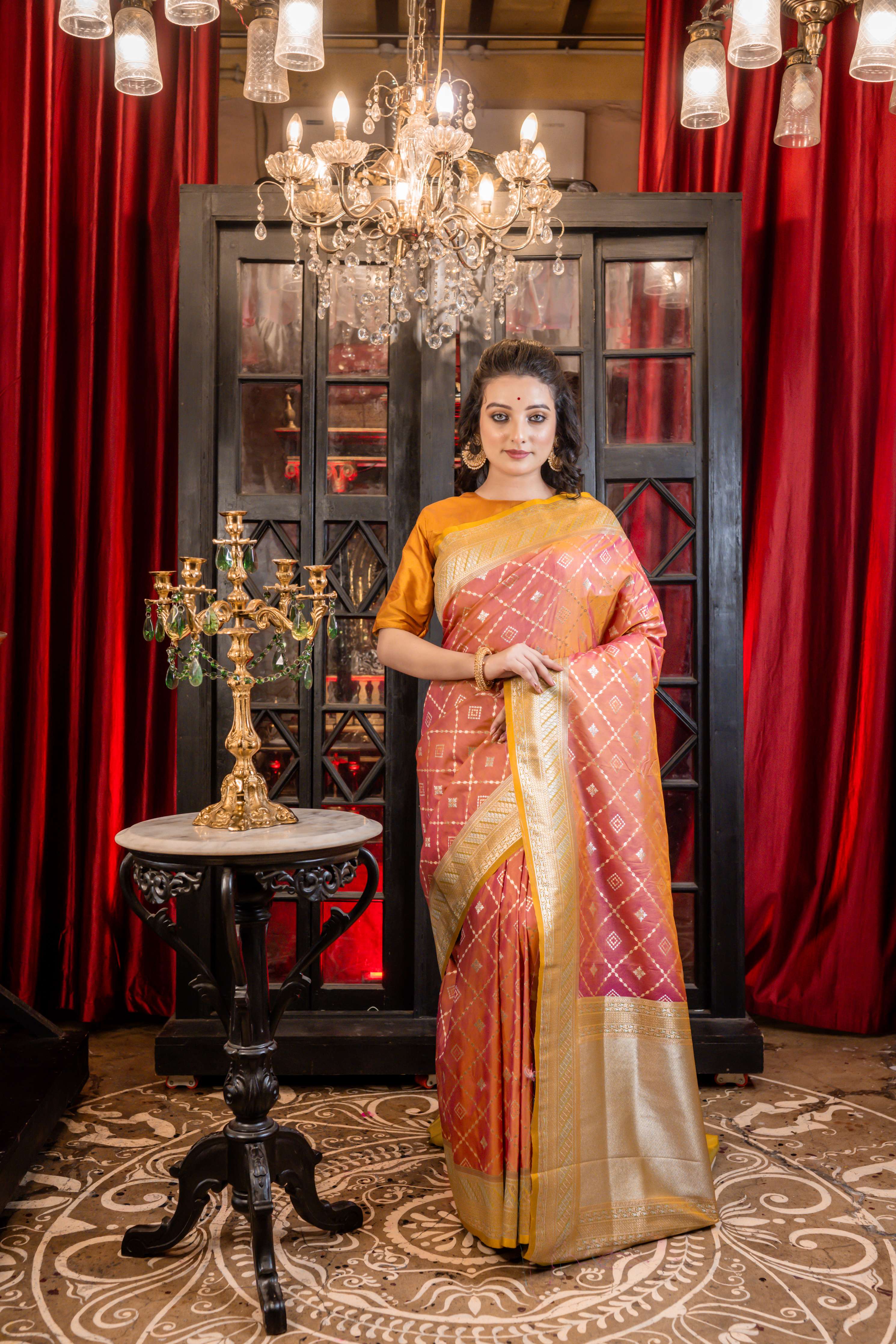 Ashika || Metallic Mustard Yellow & Onion Pink dual-tone Soft Katan Banarasi Saree with all over Sona Rupa Zari Jaal and Buta in Box pattern